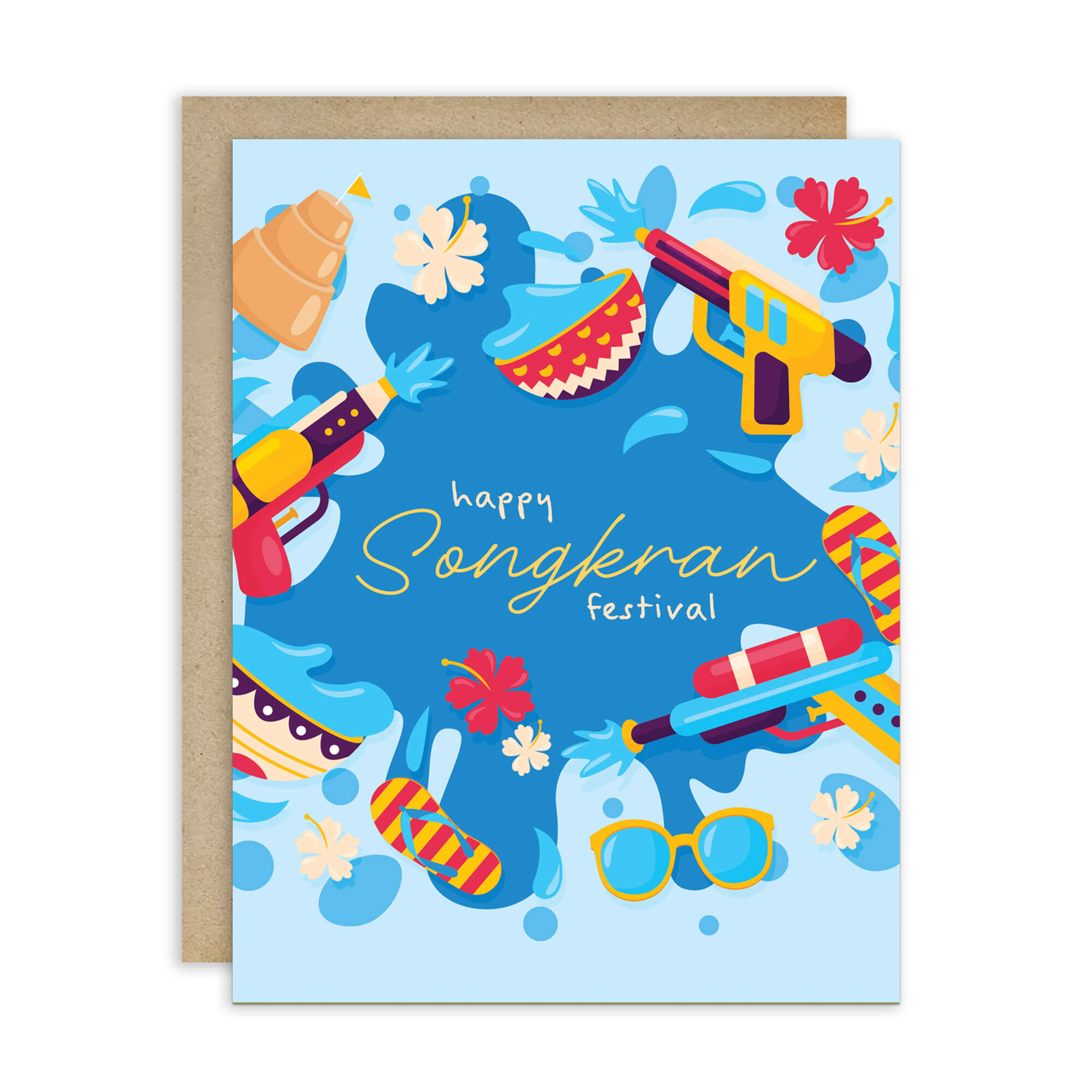 thai new year Greeting card with colorful illustrations of Songkran festival items on a blue background