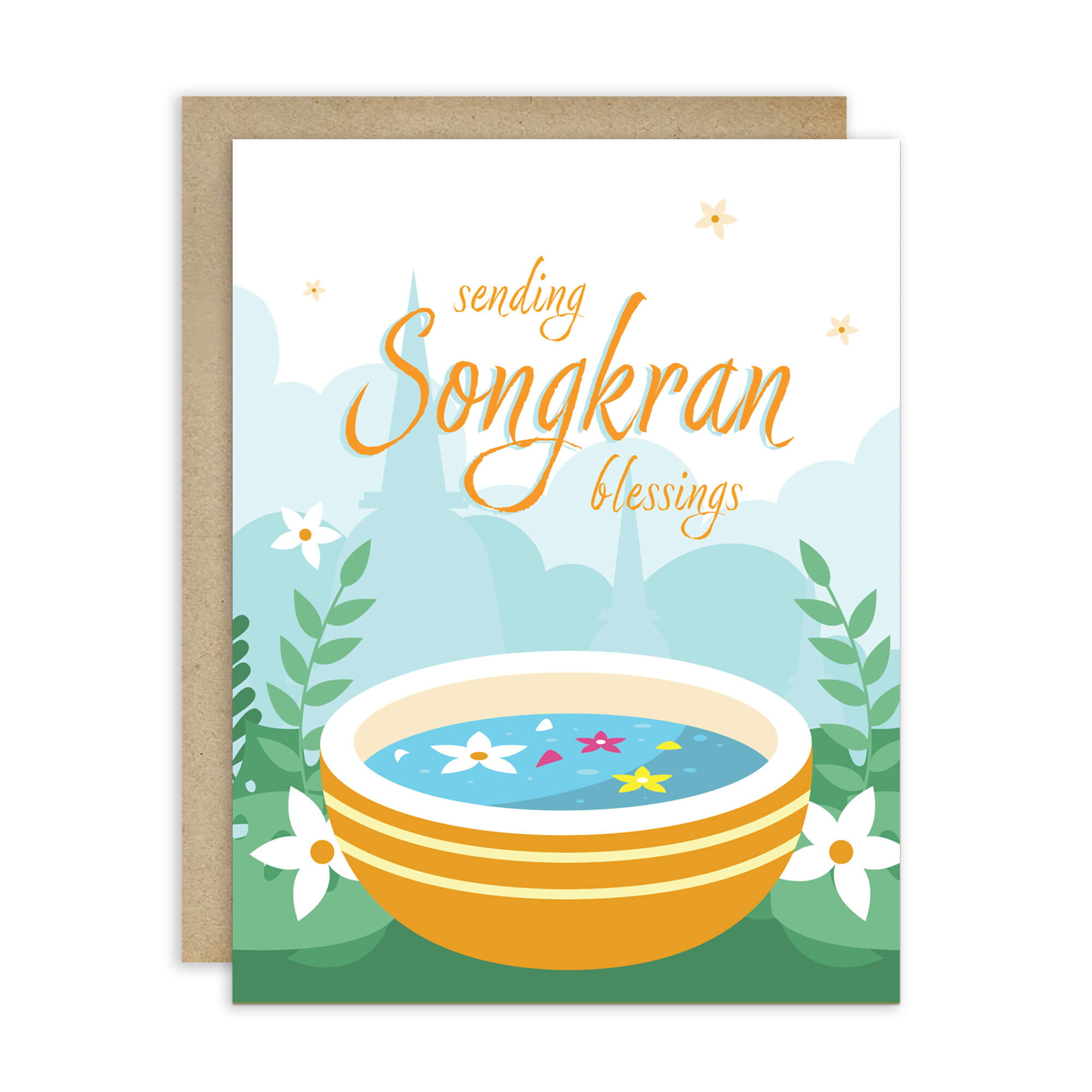 thai new year card with a bowl of spa water and flowers, featuring 'sending Songkran blessings' text.