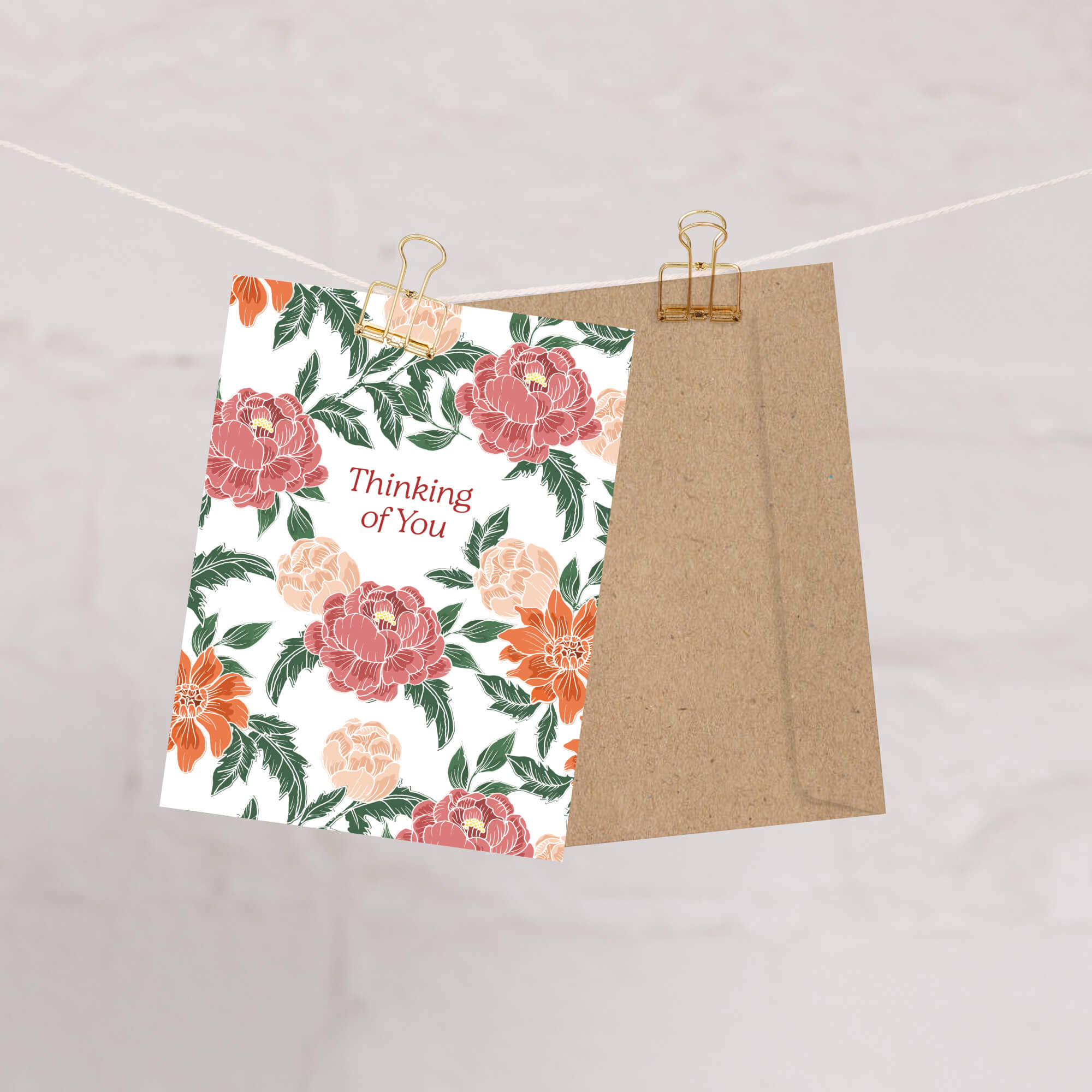 Thinking of You Sympathy Card | Red Chinese Pink Peony Flowers
