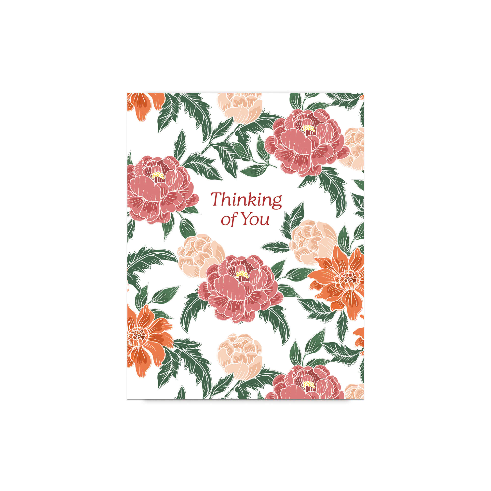 Thinking of You Sympathy Card | Red Chinese Pink Peony Flowers