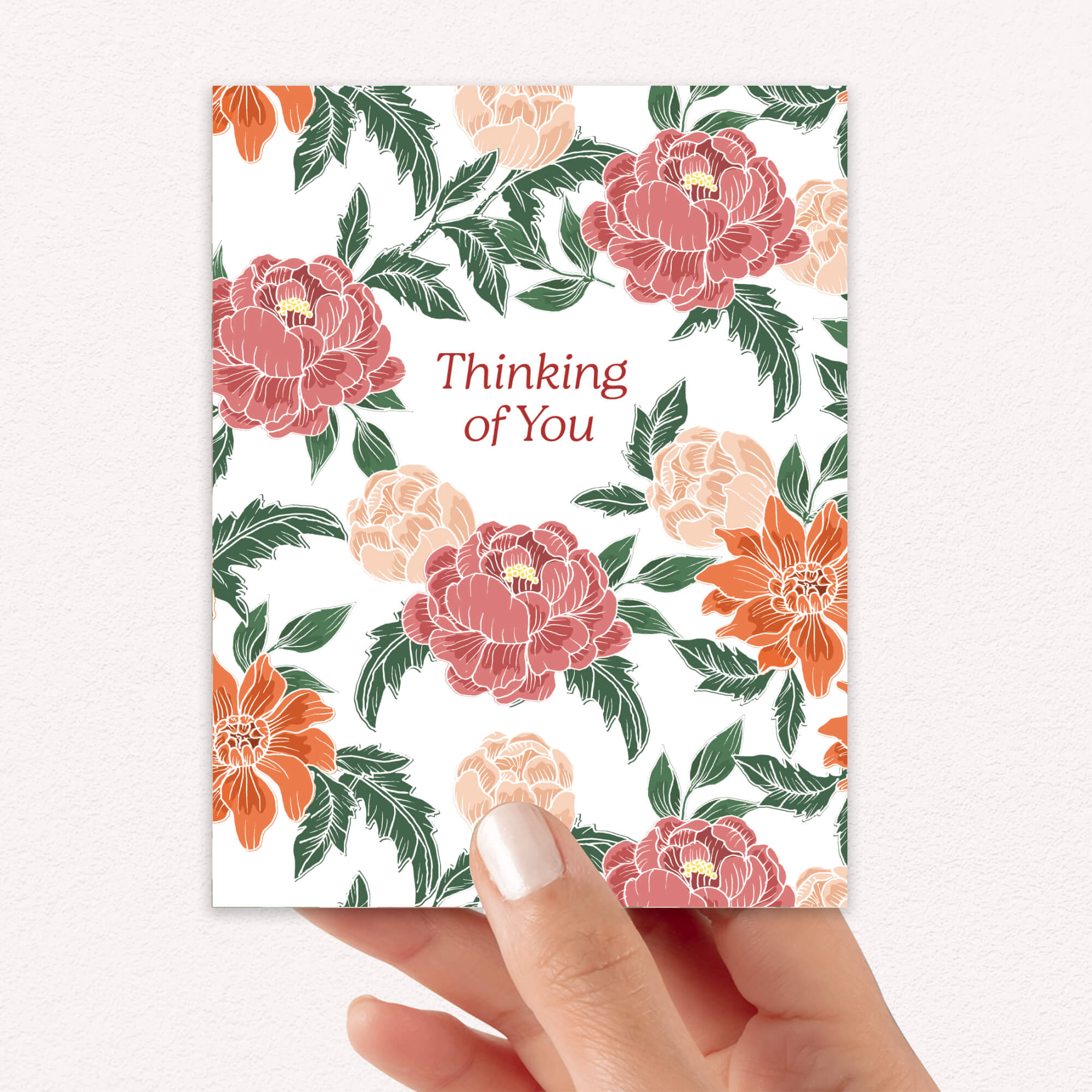 Thinking of You Sympathy Card | Red Chinese Pink Peony Flowers