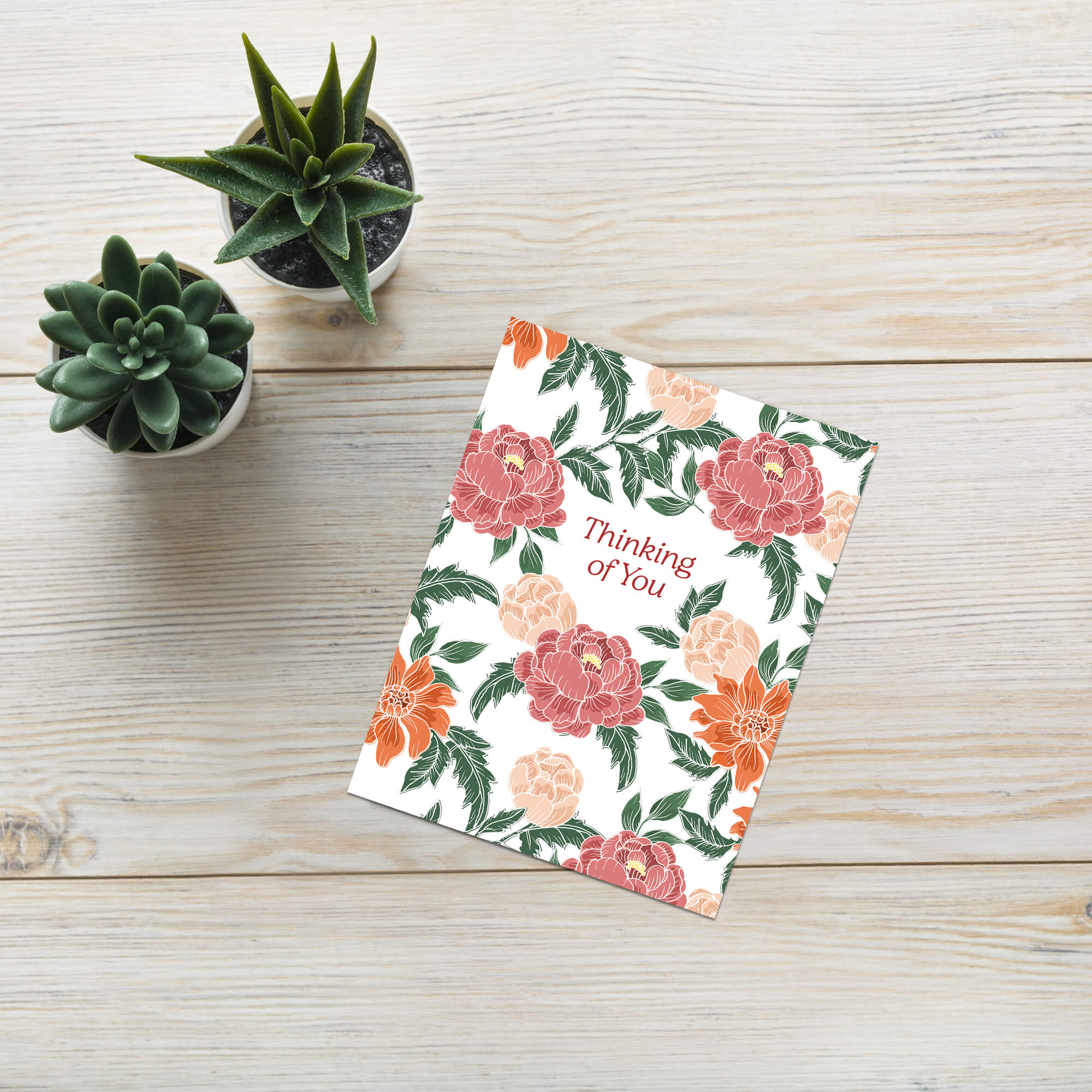 Thinking of You Sympathy Card | Red Chinese Pink Peony Flowers