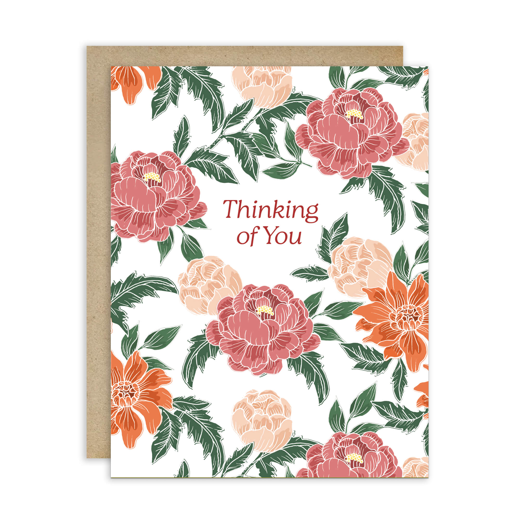 Thinking of You Sympathy Card | Red Chinese Pink Peony Flowers