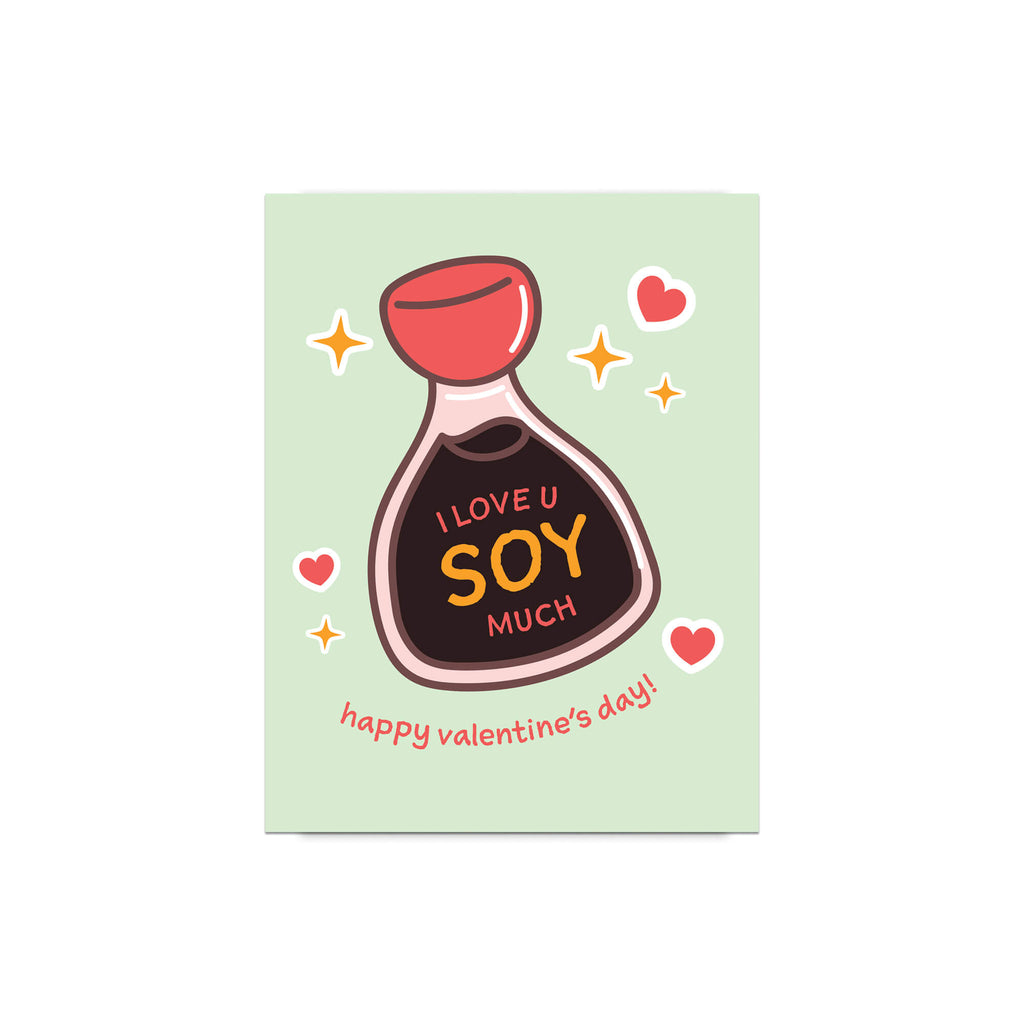 Valentine's Day card with a soy sauce bottle illustration and text on a light green background