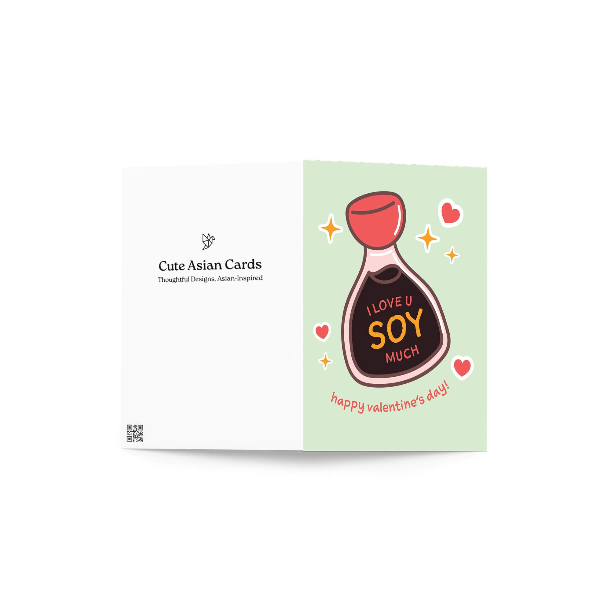 Valentine's Day card with soy sauce bottle illustration and text on a light green background