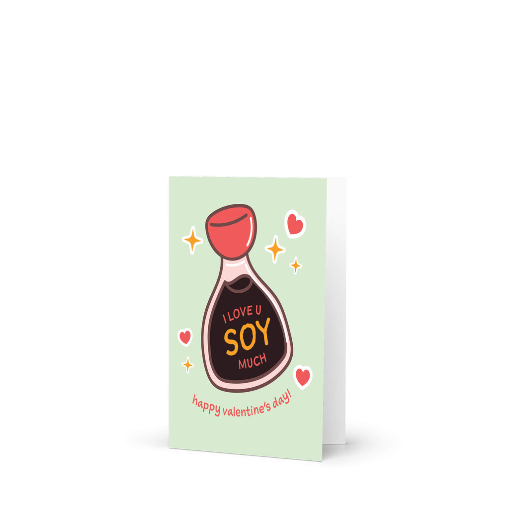Valentine's Day card with a soy sauce bottle illustration and text on a light green background