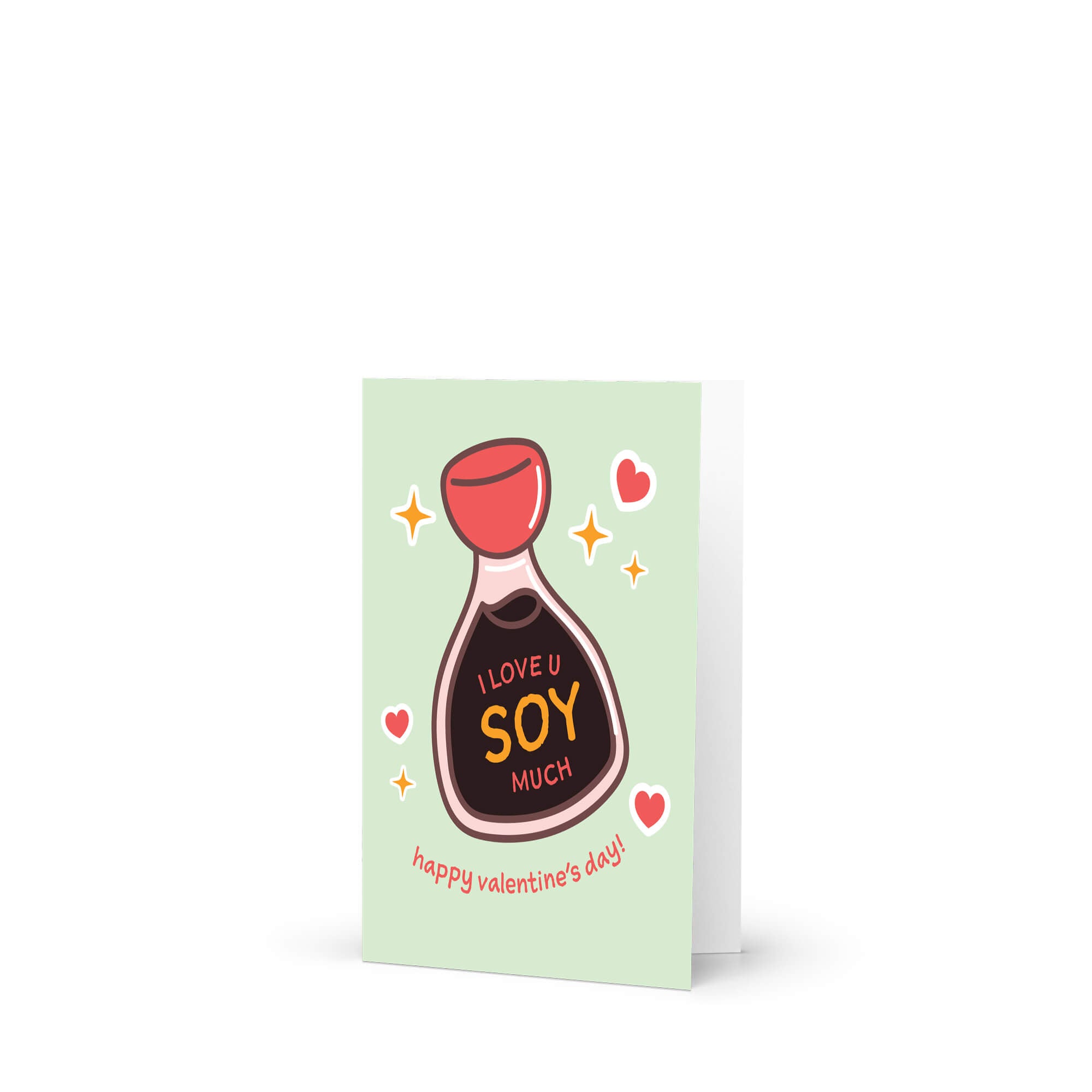 Valentine's Day card with a soy sauce bottle illustration and text on a light green background