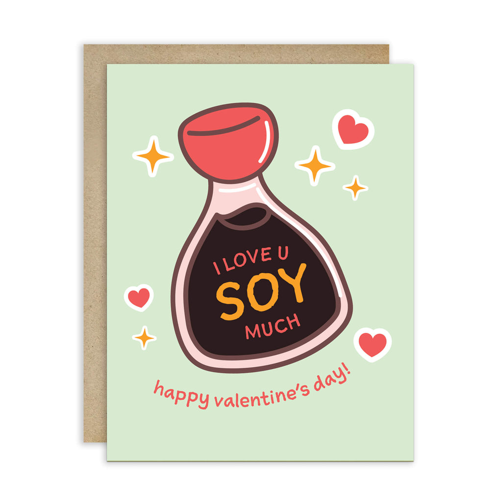 Valentine's Day card with a soy sauce bottle illustration and text on a light green background.
