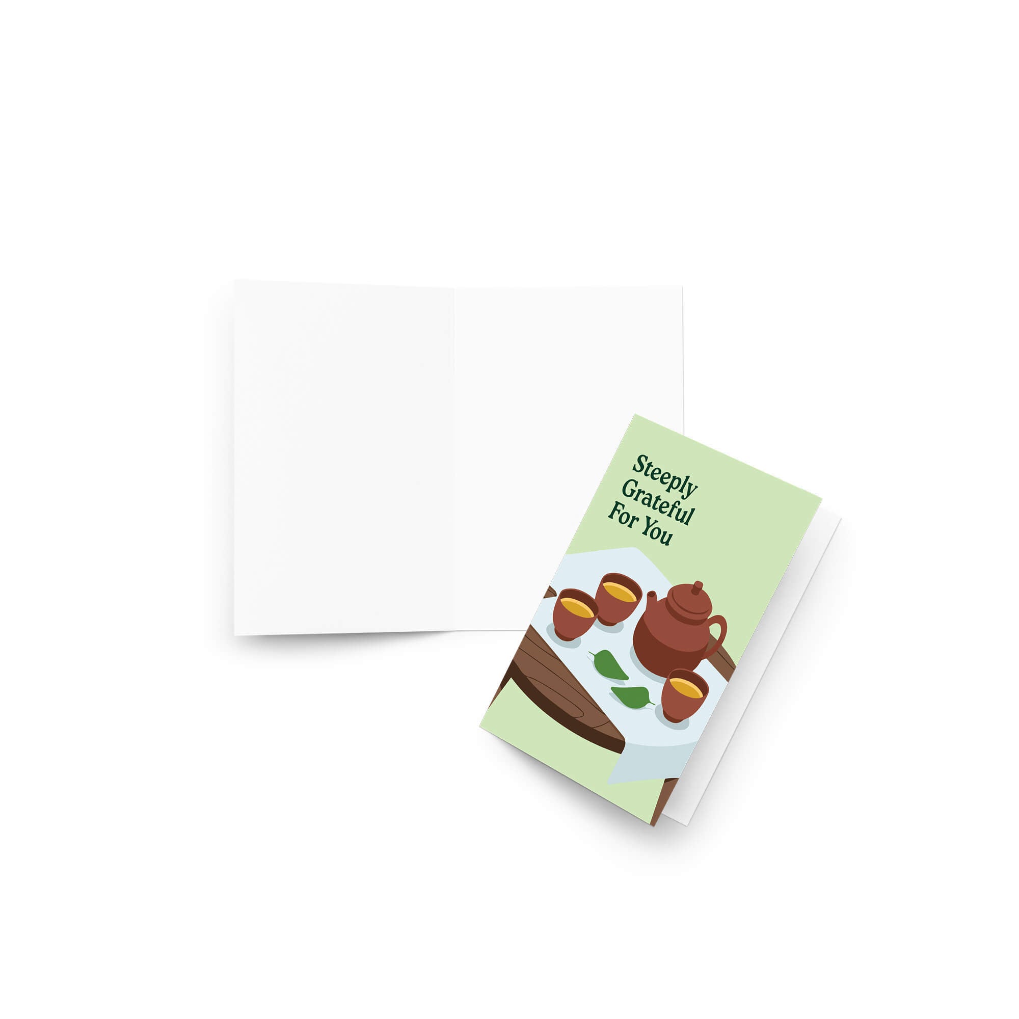asian Greeting card with a chinese teapot and cups illustration and 'Steeply Grateful For You' text.
