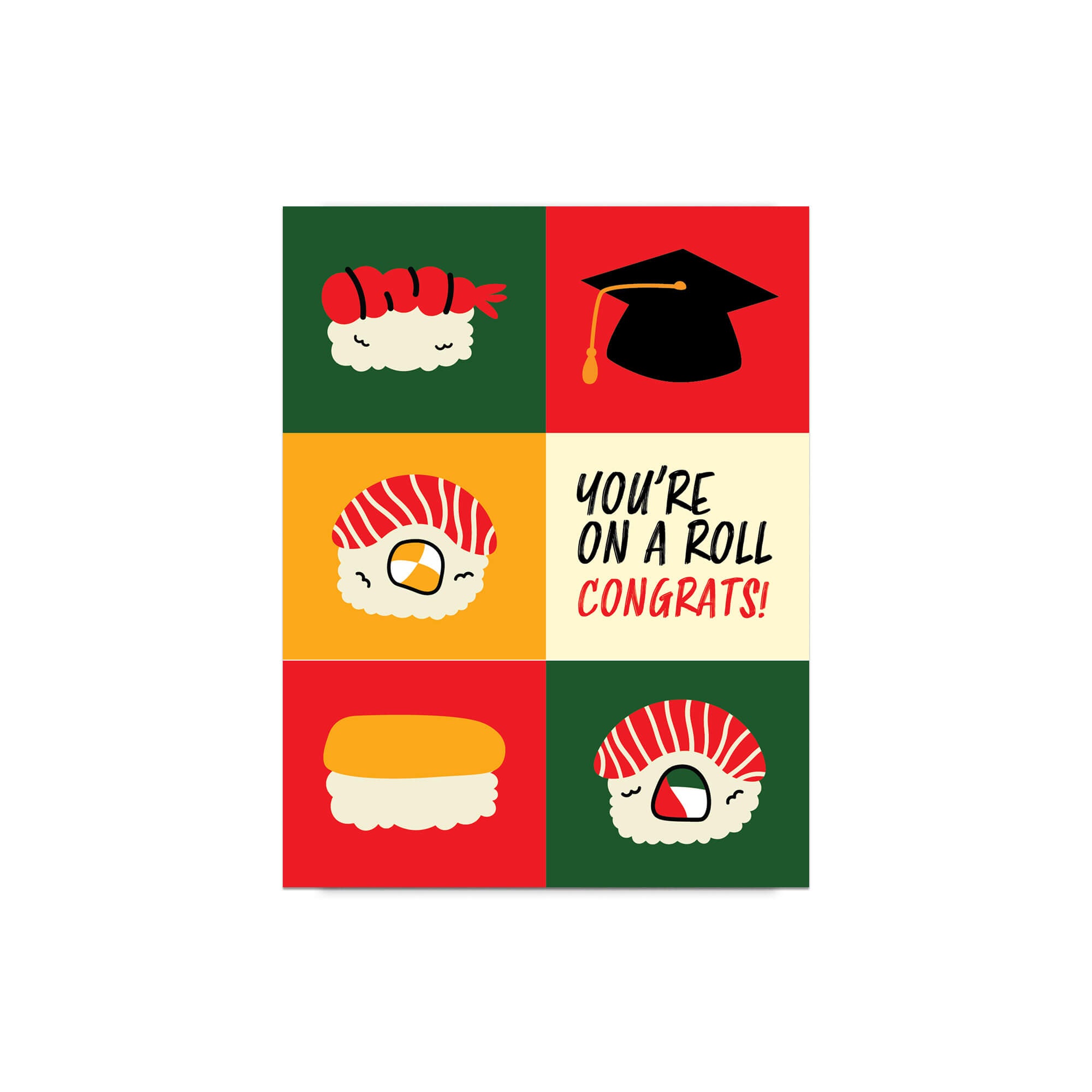 Card with sushi illustrations and a graduation cap, featuring the text 'You're on a roll Congrats!' on a white background.