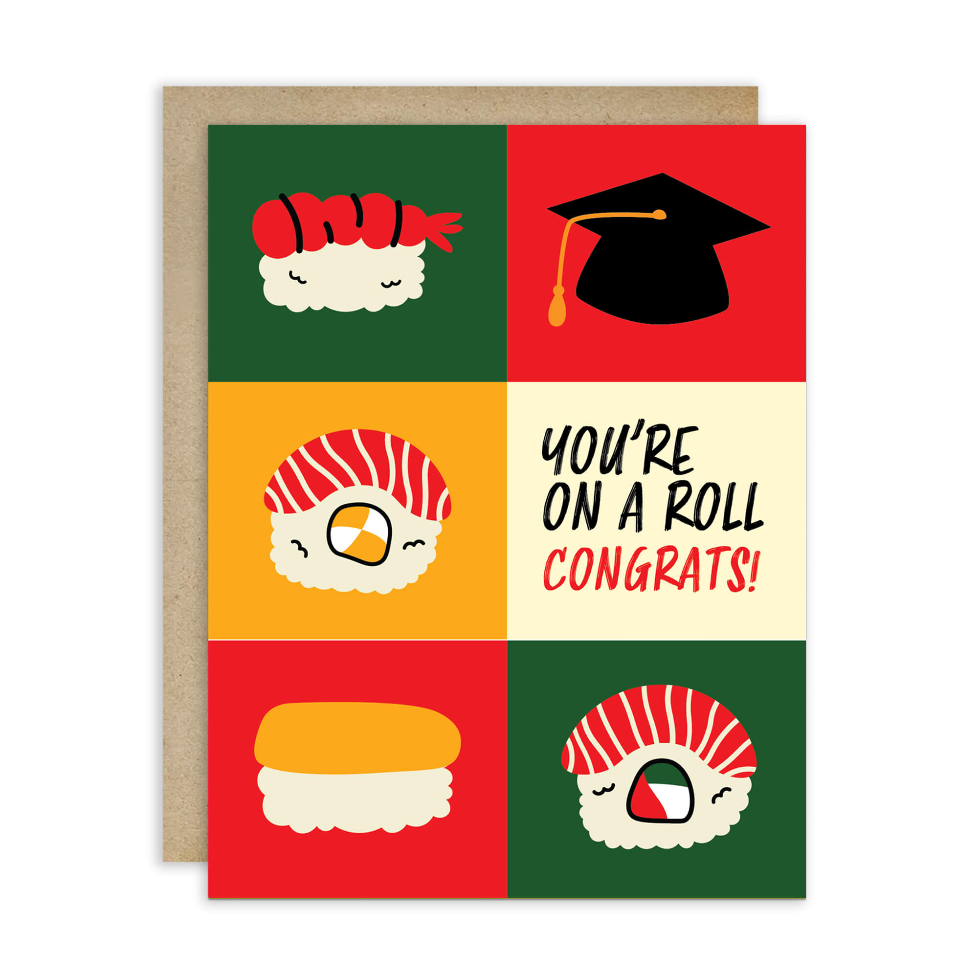 graduation card with sushi illustrations and a graduation cap, featuring the text 'You're on a roll congrats!'