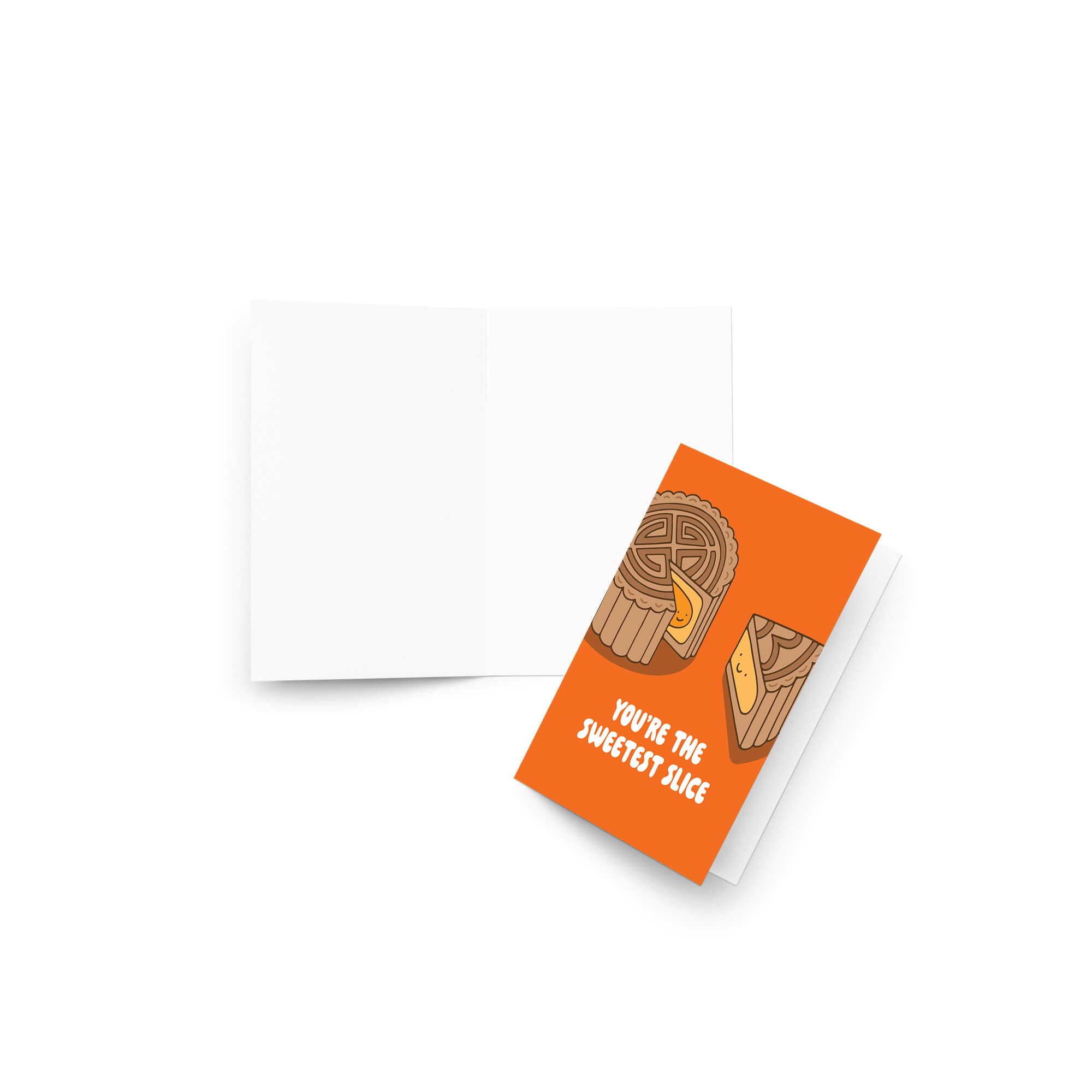 chinese Greeting card with a mooncake pastry slice illustration and text 'You're the sweetest slice' on an orange background.