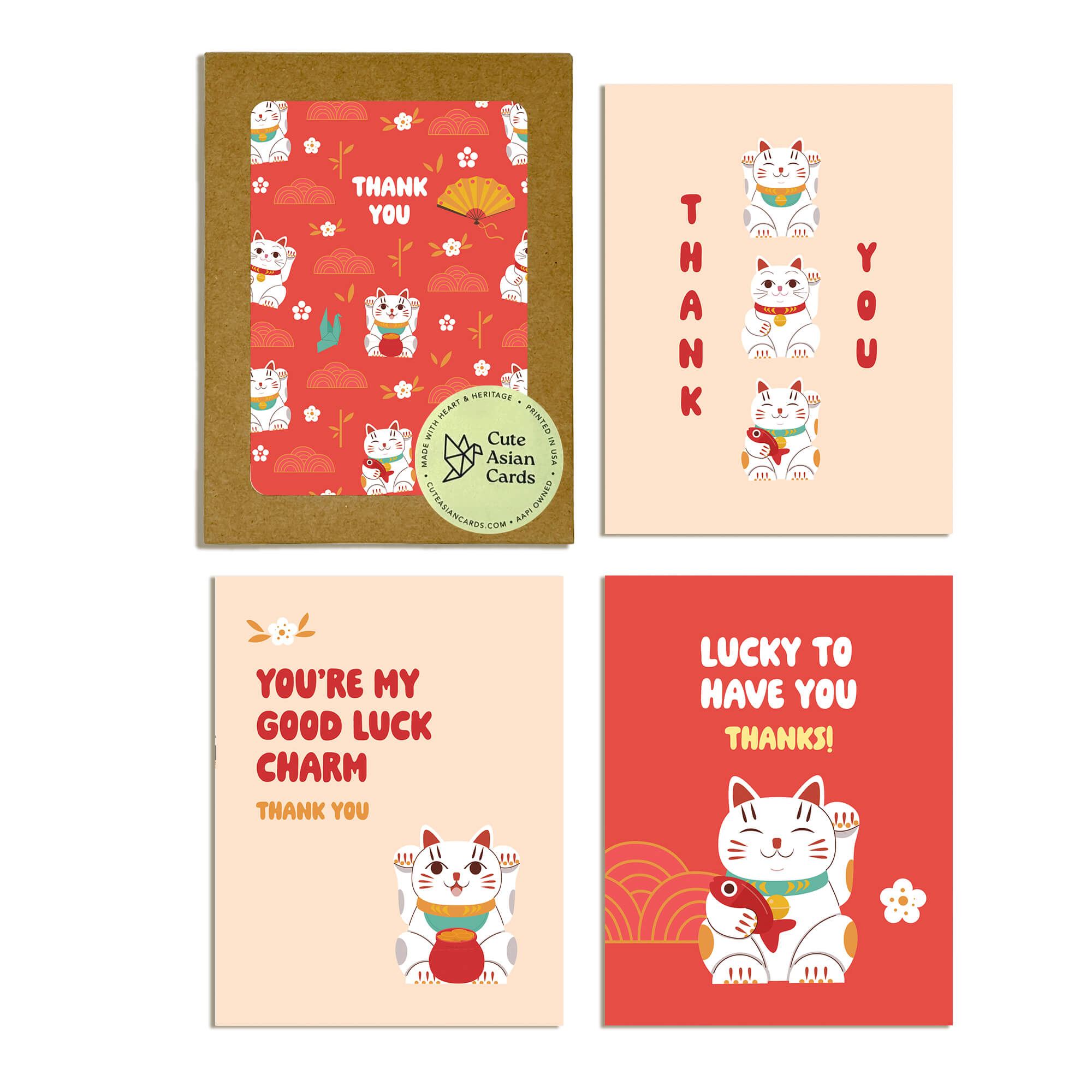 Four cards with lucky cat illustrations and 'Thank You' text on a white background
