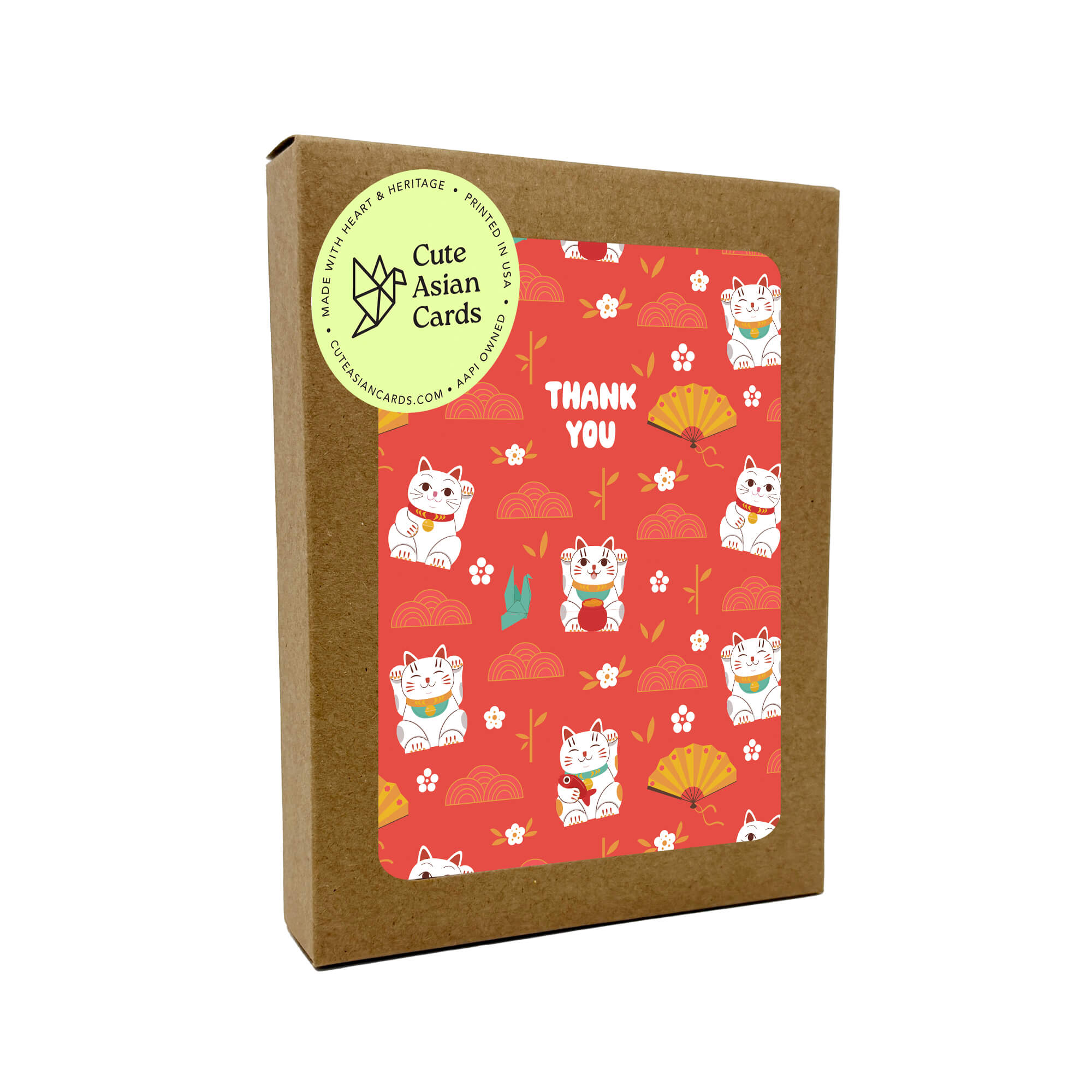 Cardboard box with a red design featuring white cats and 'Thank You' text, branded as 'Cute Asian Cards'.