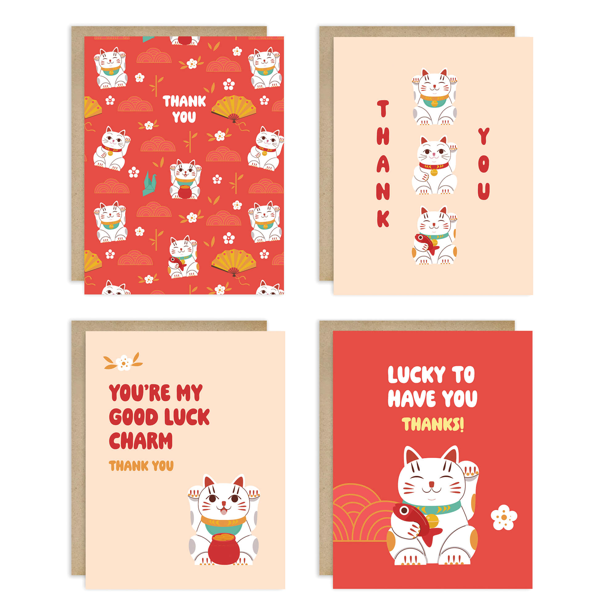 Four greeting cards with maneki-neko cat designs on a white background