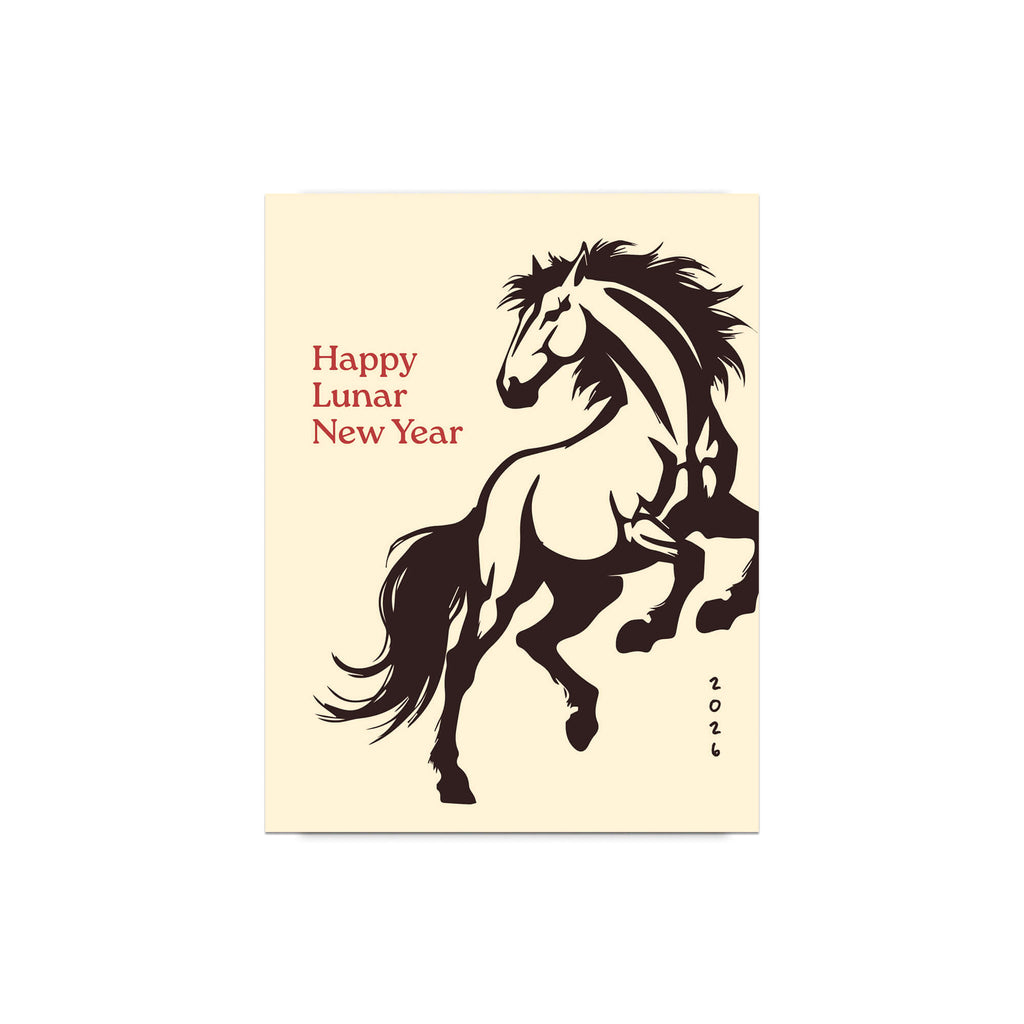 chinese new year Card with a horse illustration and 'Happy Lunar New Year' text on a beige background