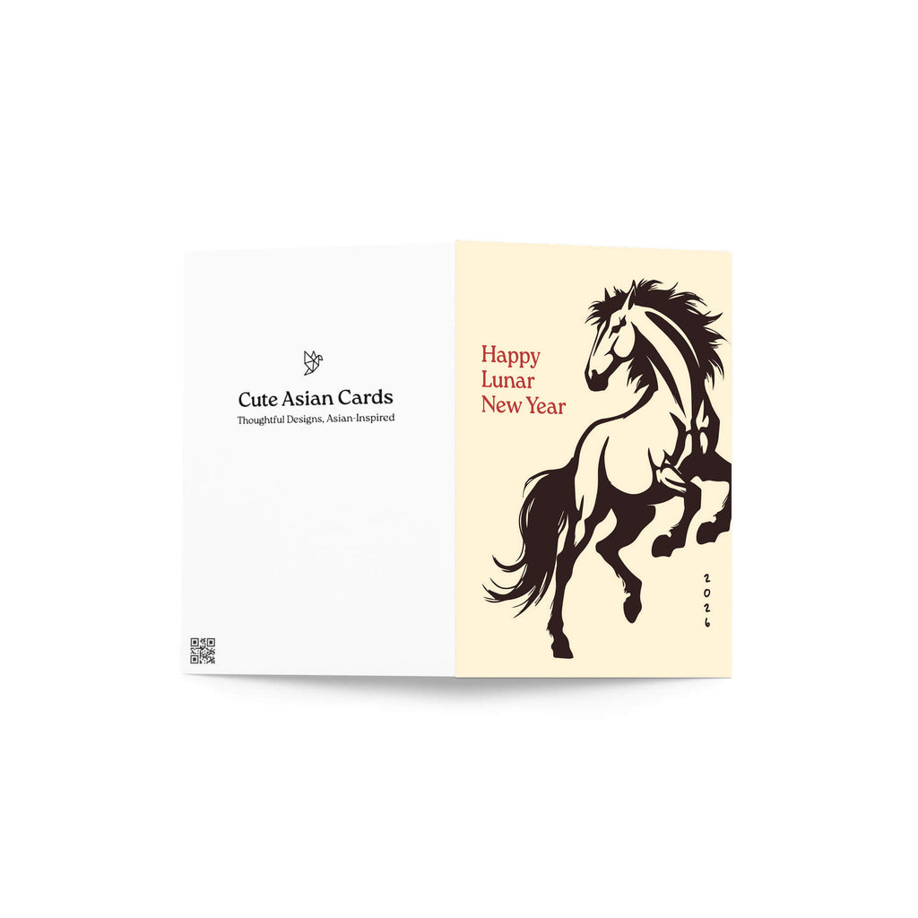 chinese new year Card with a horse illustration and 'Happy Lunar New Year' text on a beige background