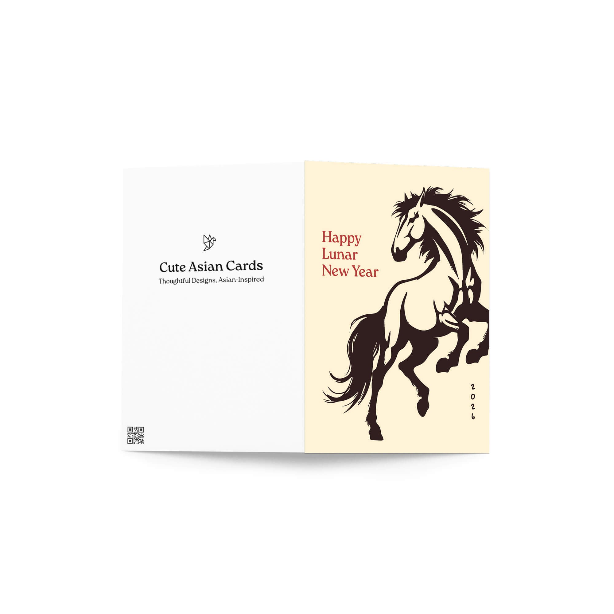 chinese new year Card with a horse illustration and 'Happy Lunar New Year' text on a beige background