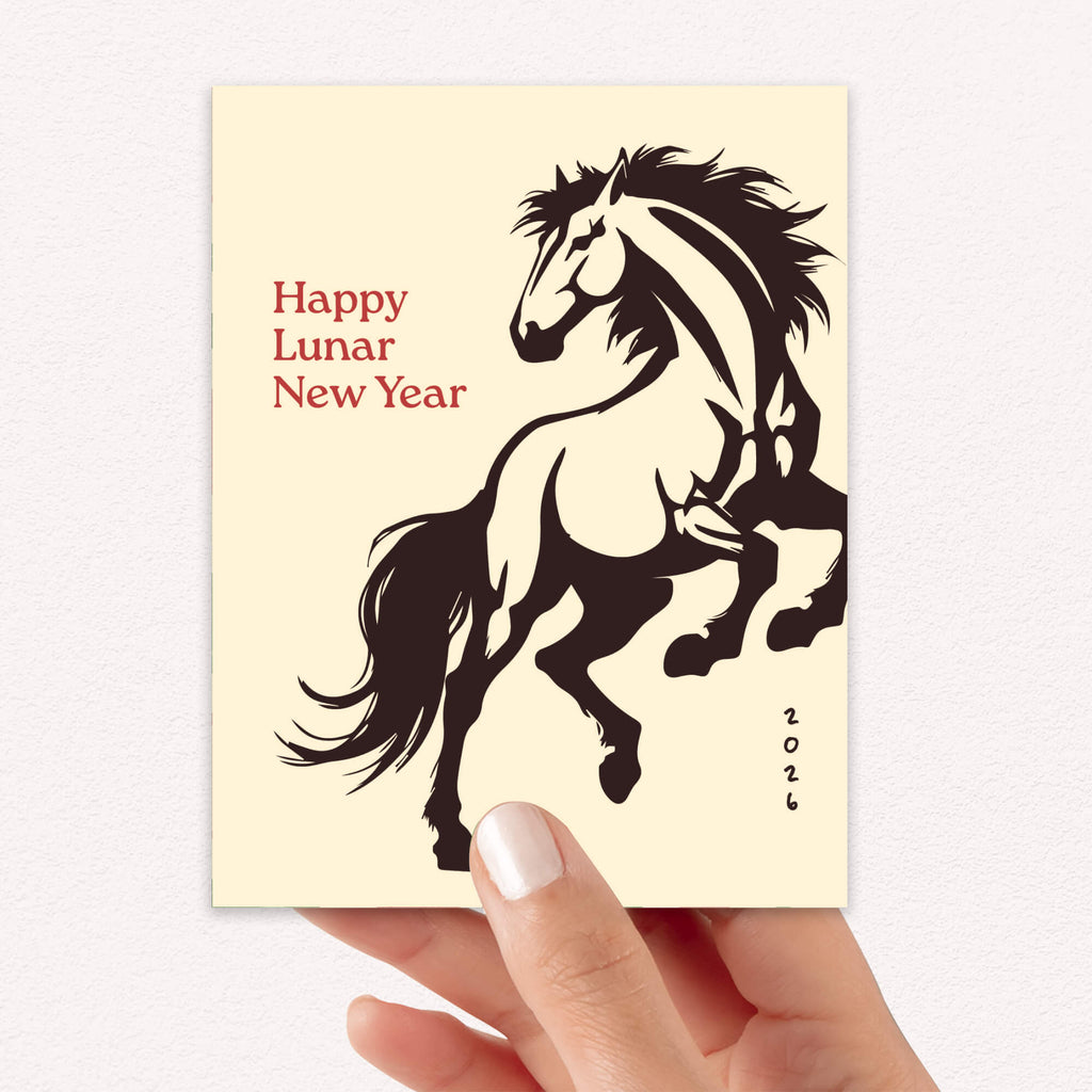 chinese new year Card with a horse illustration and 'Happy Lunar New Year' text on a beige background