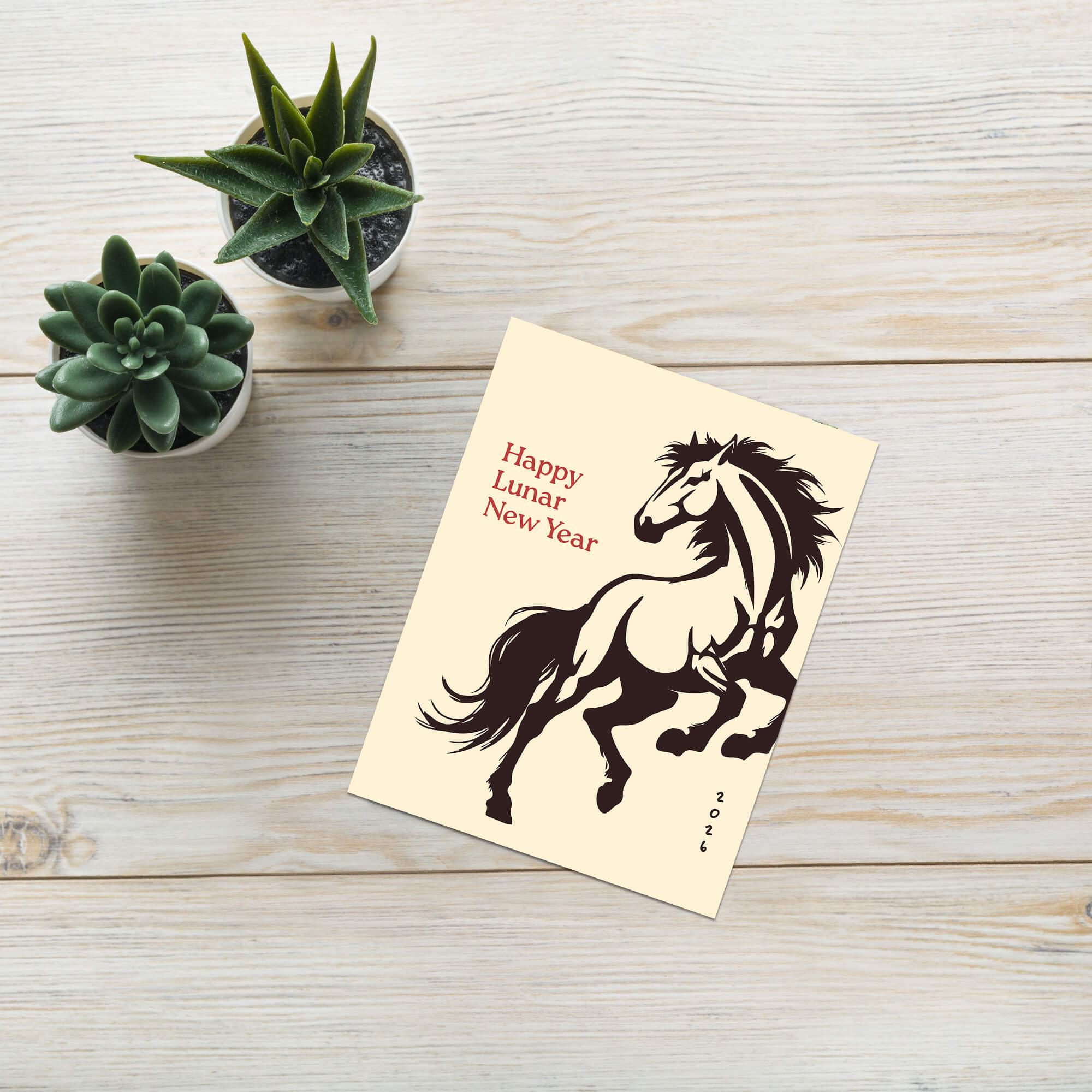 chinese new year Card with a horse illustration and 'Happy Lunar New Year' text on a beige background