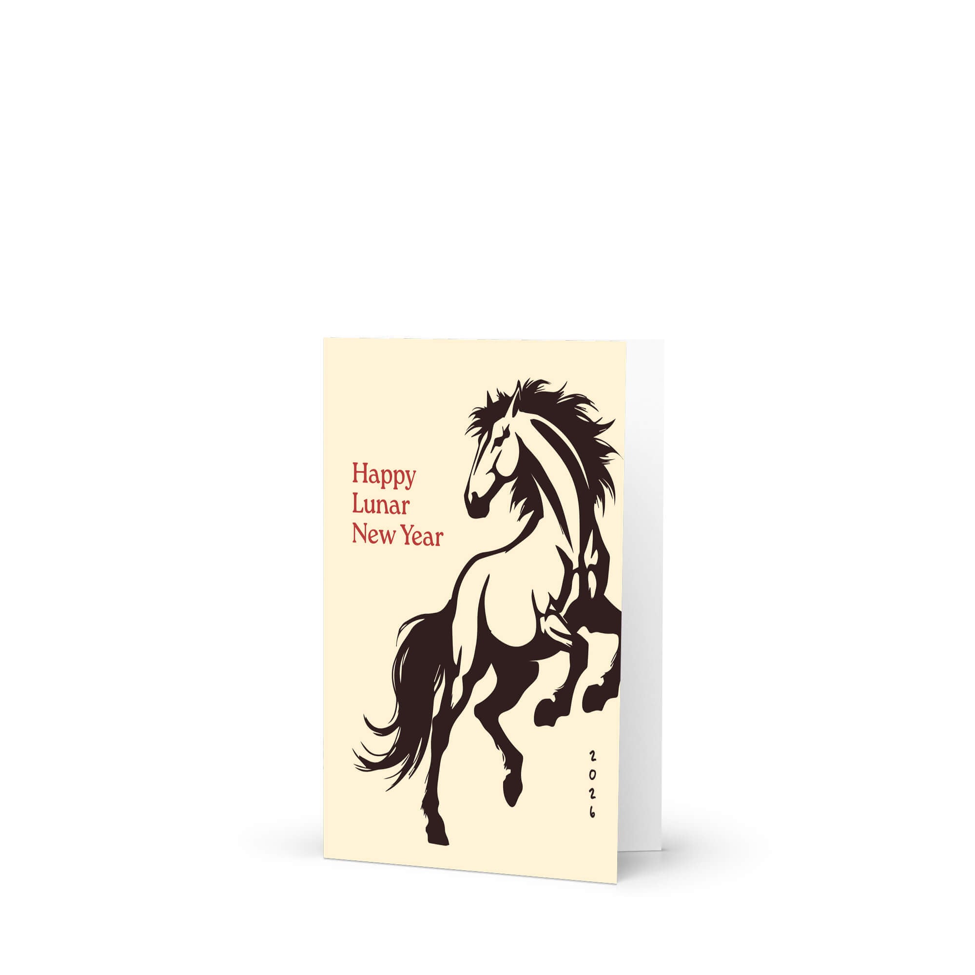 chinese new year Card with a horse illustration and 'Happy Lunar New Year' text on a beige background