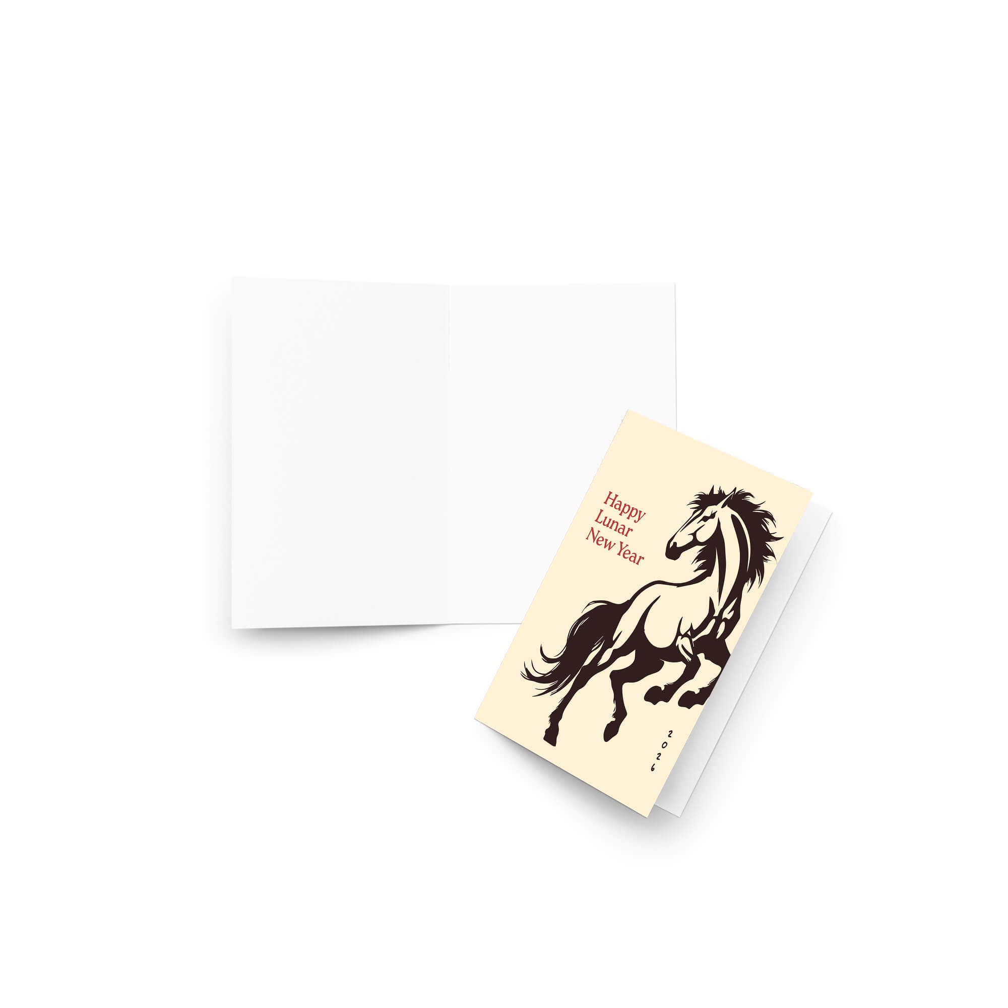 chinese new year Card with a horse illustration and 'Happy Lunar New Year' text on a beige background