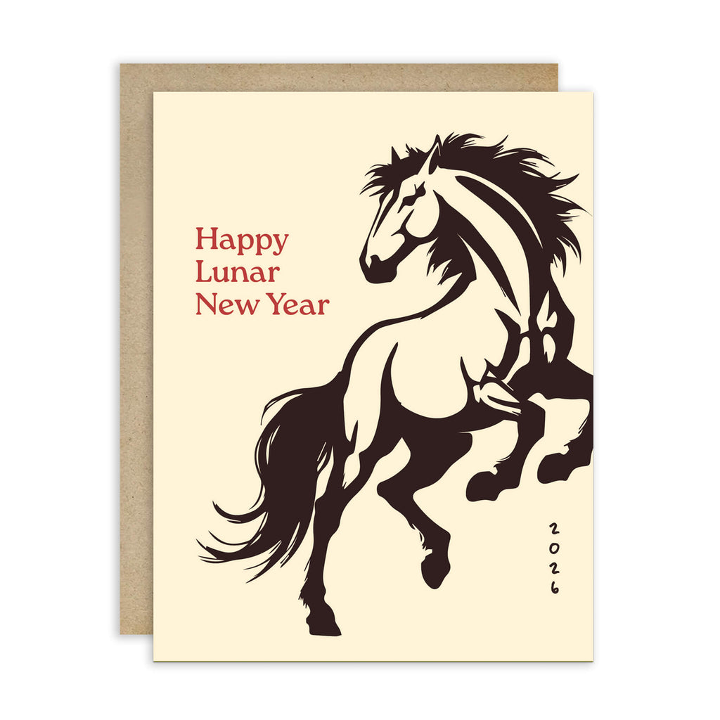 chinese new year Card with a horse illustration and 'Happy Lunar New Year' text on a beige background