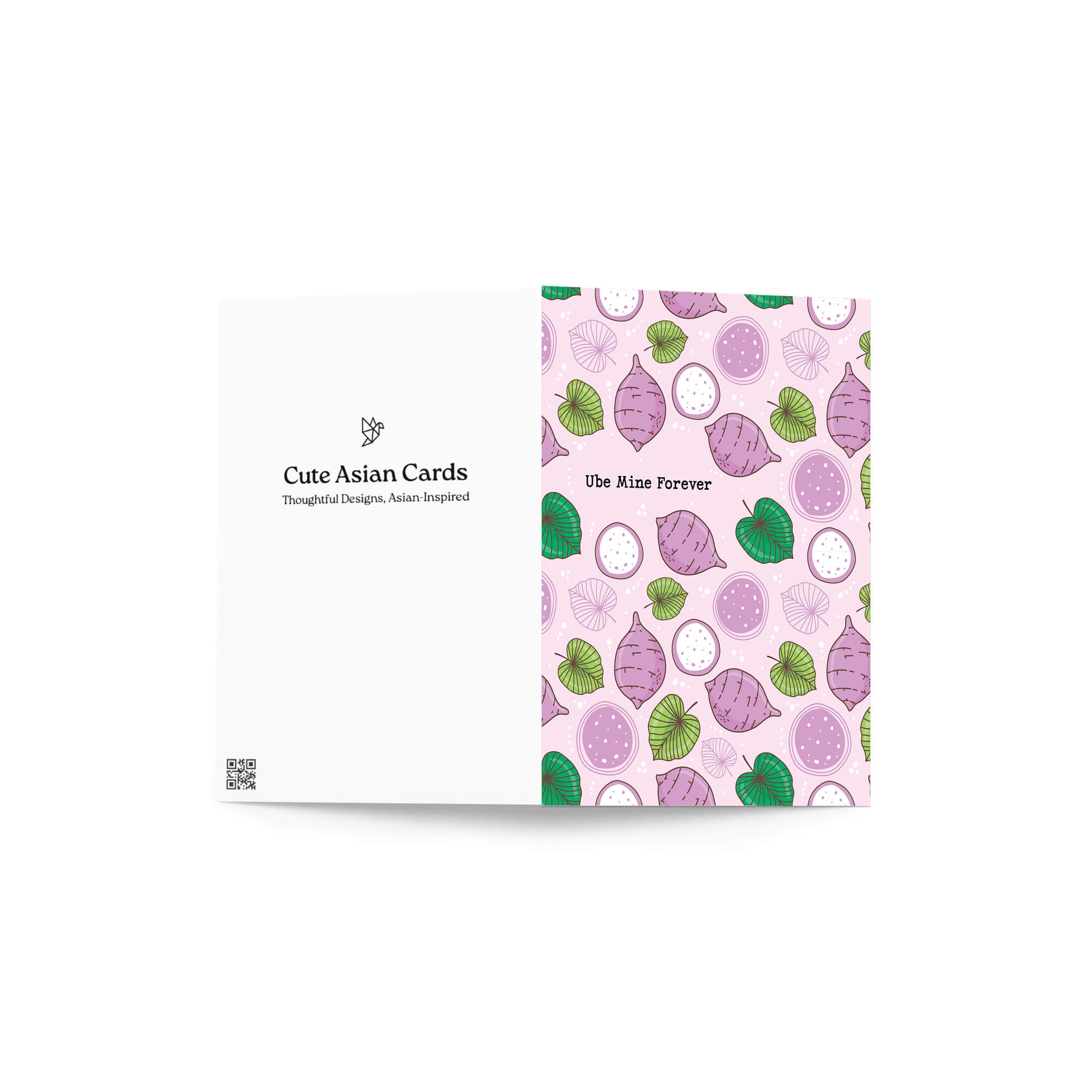 Card with a pattern of purple and green ube taro root on a white background
