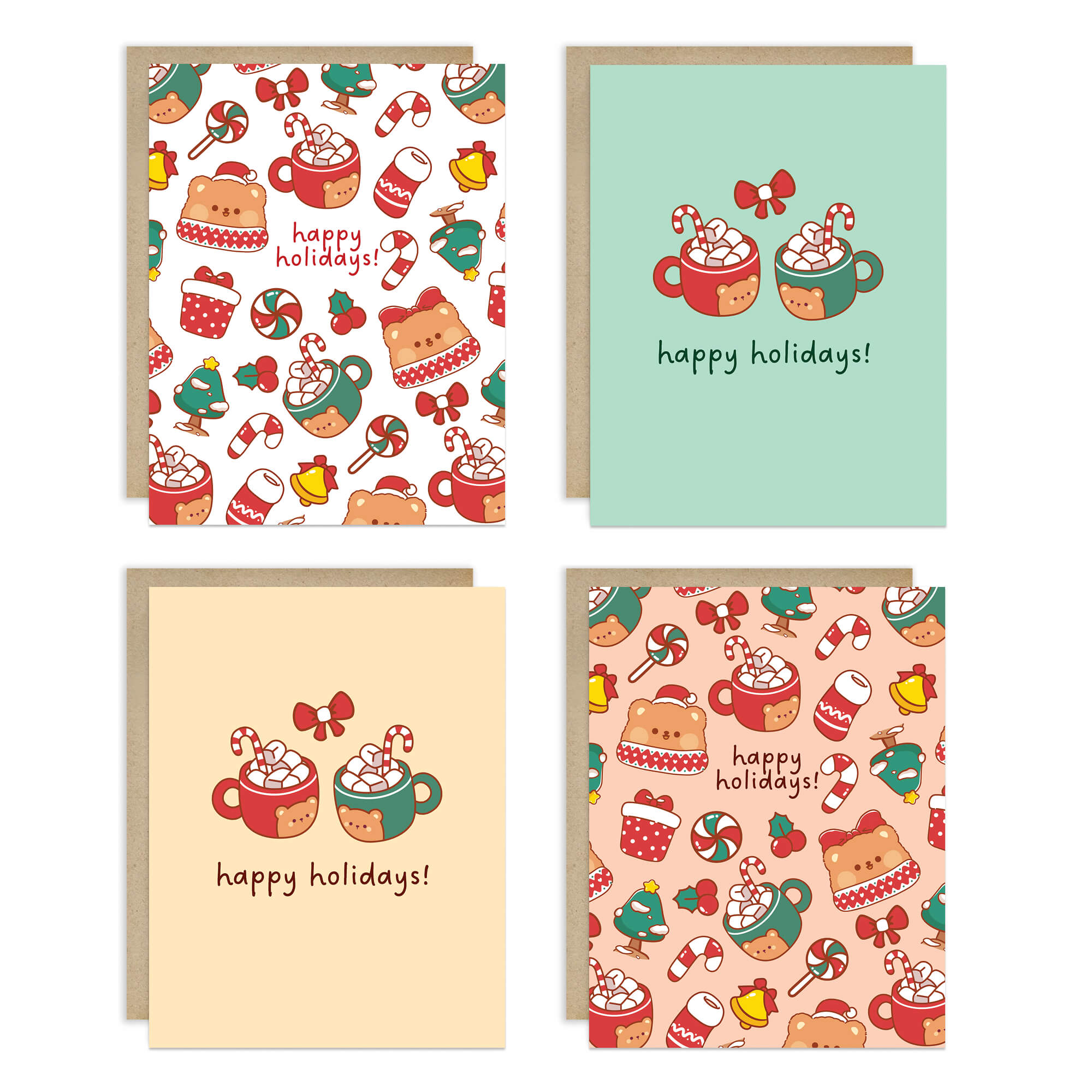 Bear & Cocoa holiday card pack showing 4 warm and festive designs featuring mugs of hot chocolate with bear faces, candy canes, and holiday treats. Each design appears twice for a total of 8 cards with kraft envelopes.