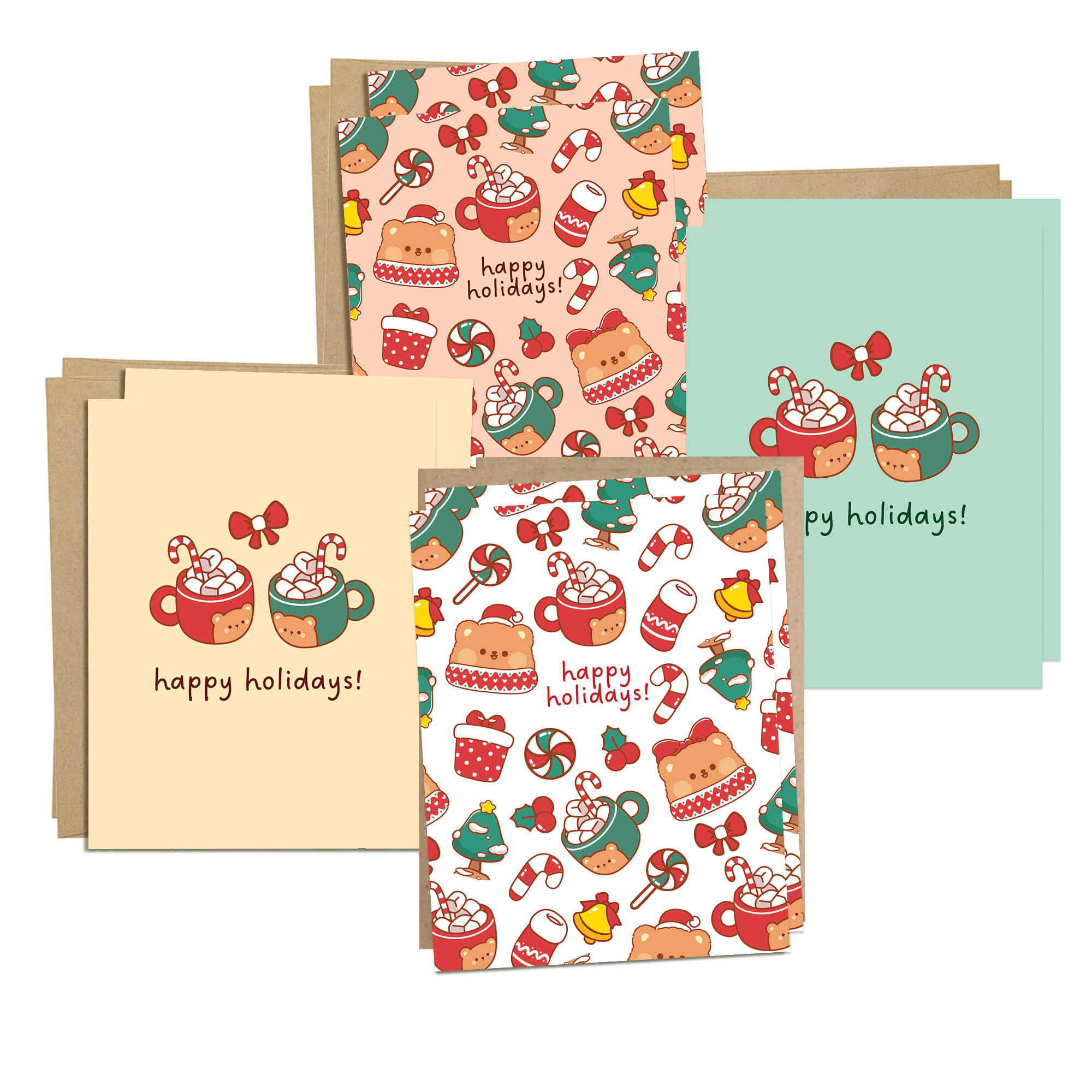Bear & Cocoa holiday card pack showing 4 warm and festive designs featuring mugs of hot chocolate with bear faces, candy canes, and holiday treats. Each design appears twice for a total of 8 cards with kraft envelopes.