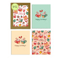 Bear & Cocoa holiday card pack showing 4 warm and festive designs featuring mugs of hot chocolate with bear faces, candy canes, and holiday treats. Each design appears twice for a total of 8 cards with kraft envelopes.