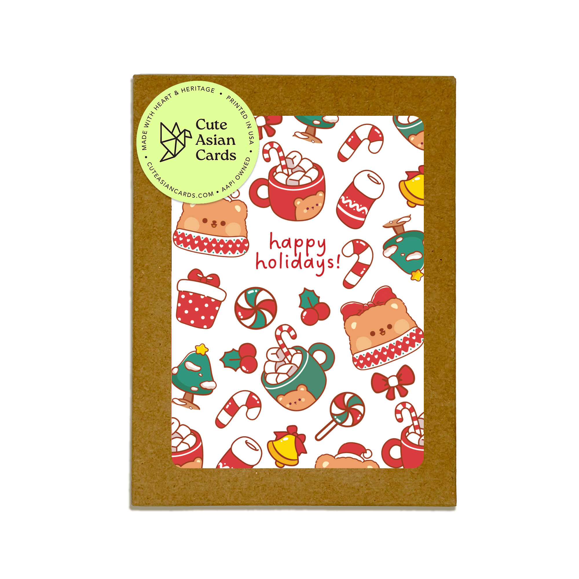 Bear & Cocoa holiday card pack showing 4 warm and festive designs featuring mugs of hot chocolate with bear faces, candy canes, and holiday treats. Each design appears twice for a total of 8 cards with kraft envelopes.