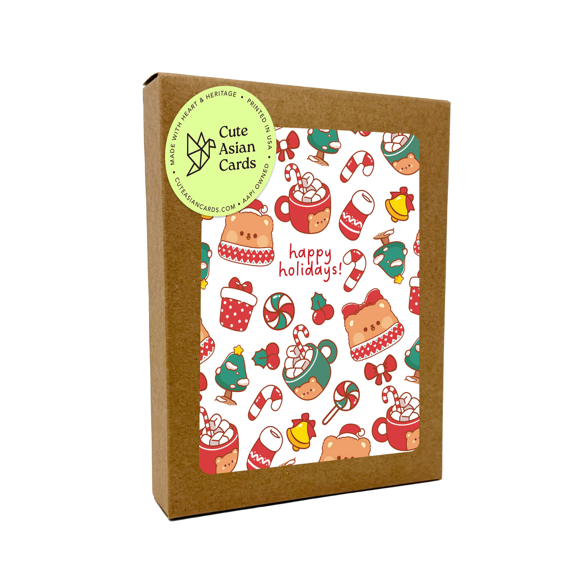 Bear & Cocoa holiday card pack showing 4 warm and festive designs featuring mugs of hot chocolate with bear faces, candy canes, and holiday treats. Each design appears twice for a total of 8 cards with kraft envelopes.