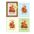 Colorful Capy Holidays card pack showing 4 holiday designs with capybaras in Santa hats, wrapped in string lights or sitting with gift boxes. Each design appears twice for a total of 8 cards with kraft envelopes.