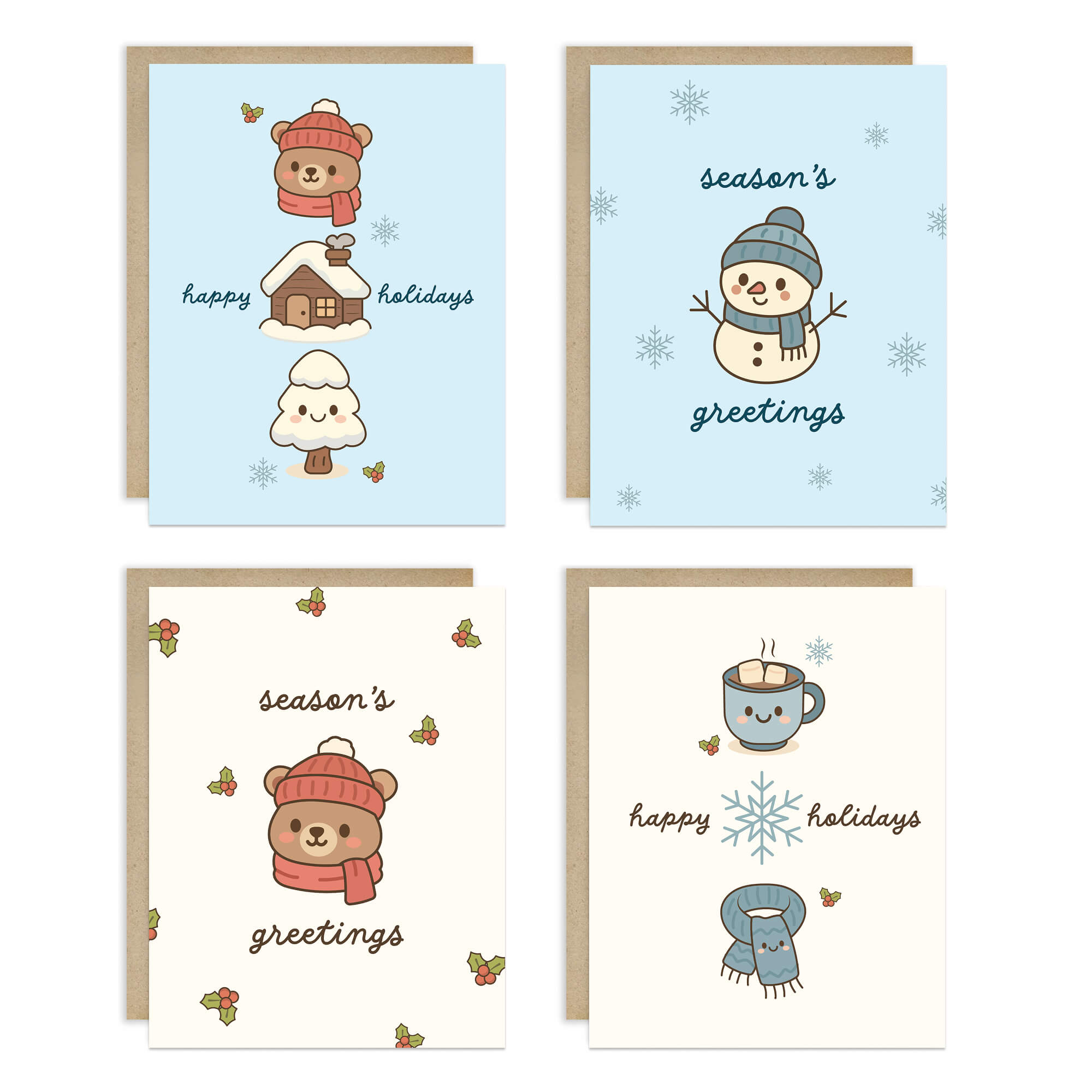 Set of four cute Christmas and happy holidays greeting cards with cute bear snowmen designs in a 8-card boxed set.