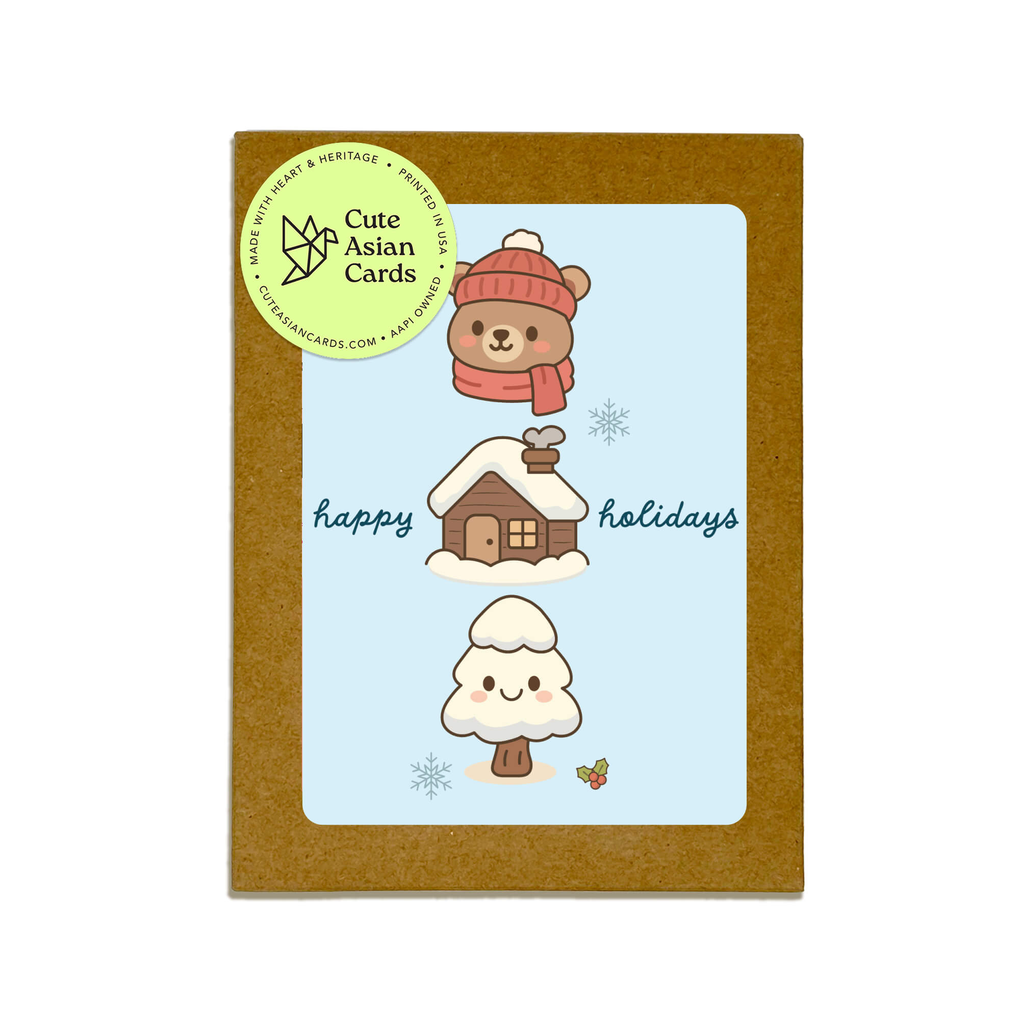 Set of four cute Christmas and happy holidays greeting cards with cute bear snowmen designs in a 8-card boxed set.