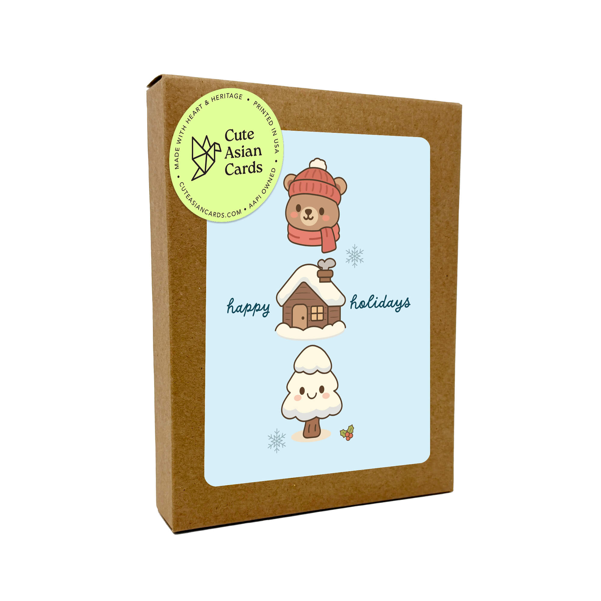 Set of four cute Christmas and happy holidays greeting cards with cute bear snowmen designs in a 8-card boxed set.