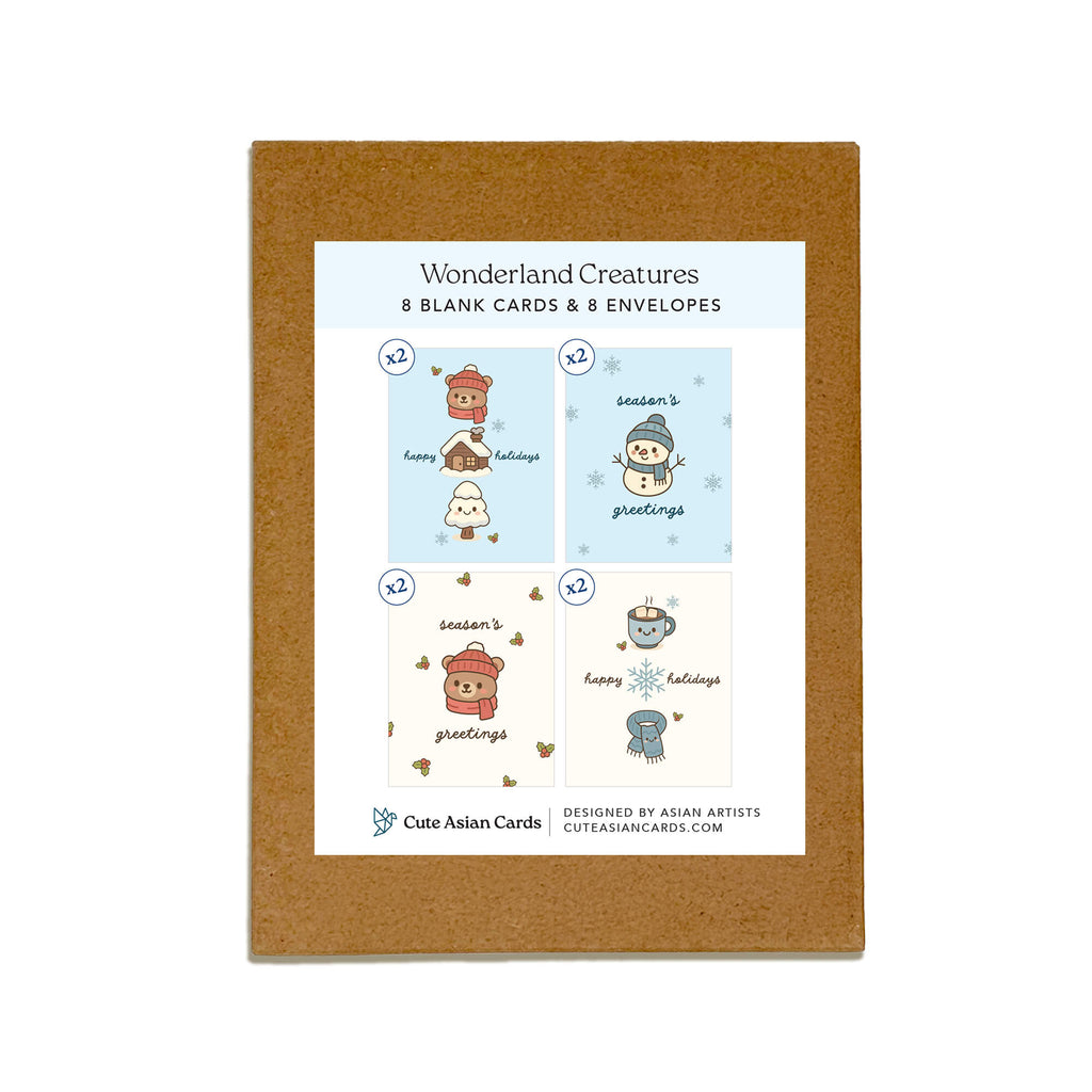 Set of four cute Christmas and happy holidays greeting cards with cute bear snowmen designs in a 8-card boxed set.