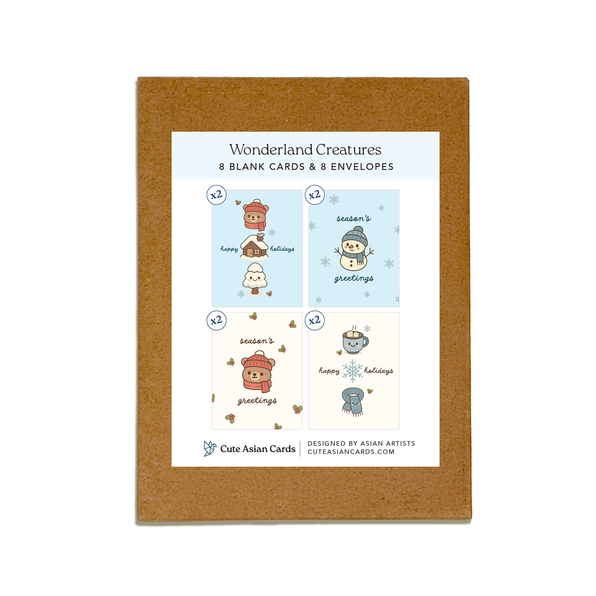Set of four cute Christmas and happy holidays greeting cards with cute bear snowmen designs in a 8-card boxed set.