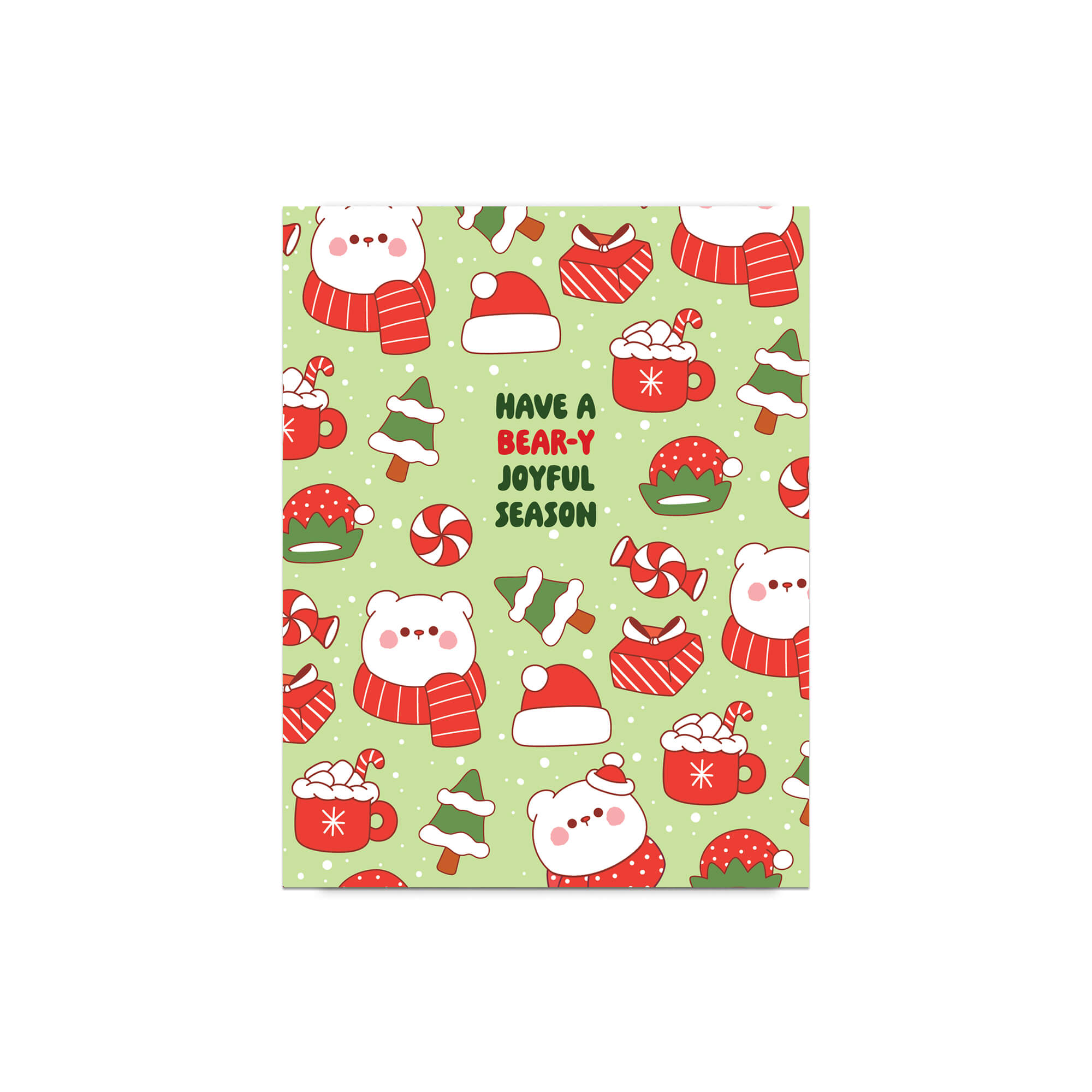 unique Christmas card with white polar bear in red scarf and santa hat and holiday elements on a green background with text "have a bear-y joyful season"