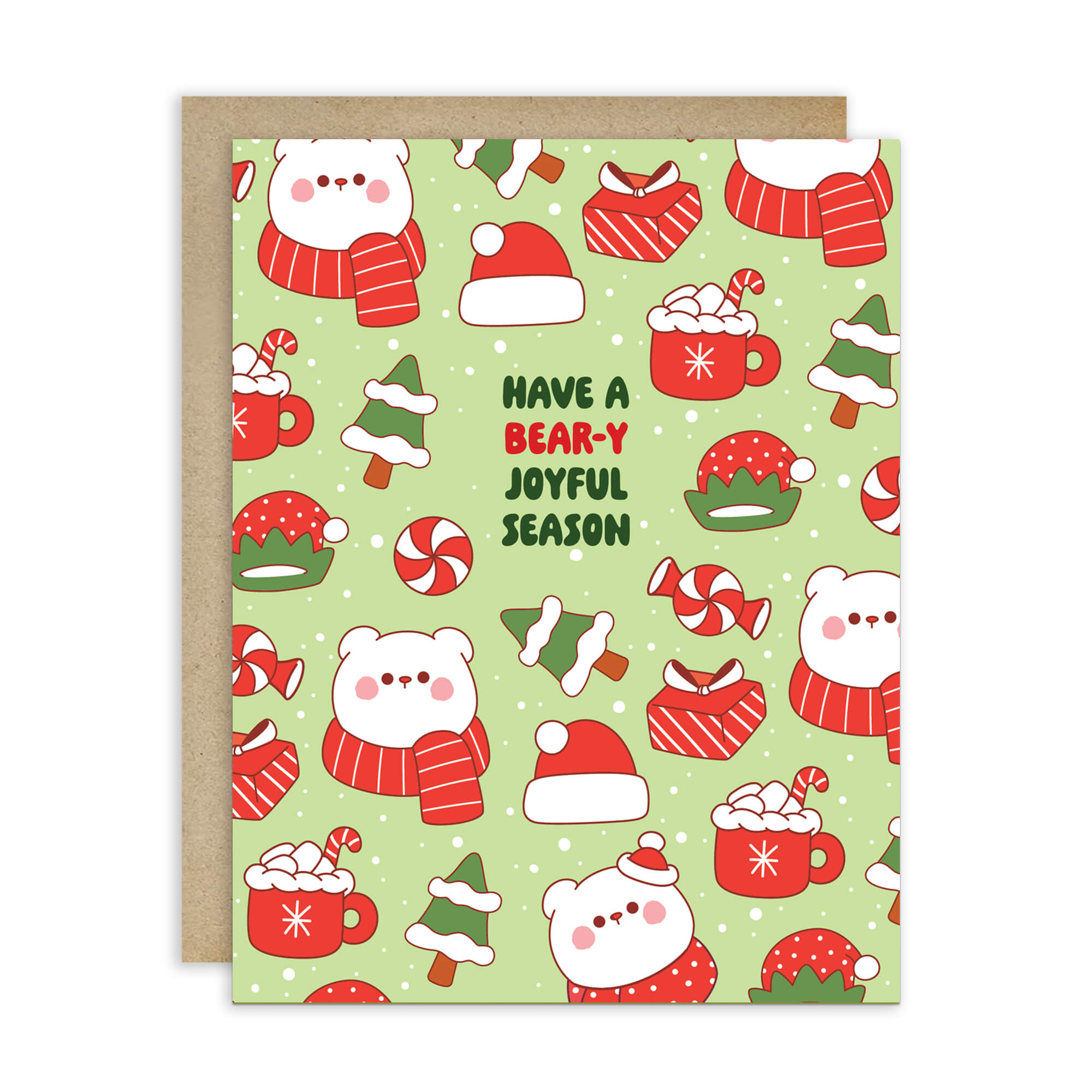 unique Christmas card with white polar bear in red scarf and santa hat and holiday elements on a green background with text "have a bear-y joyful season"