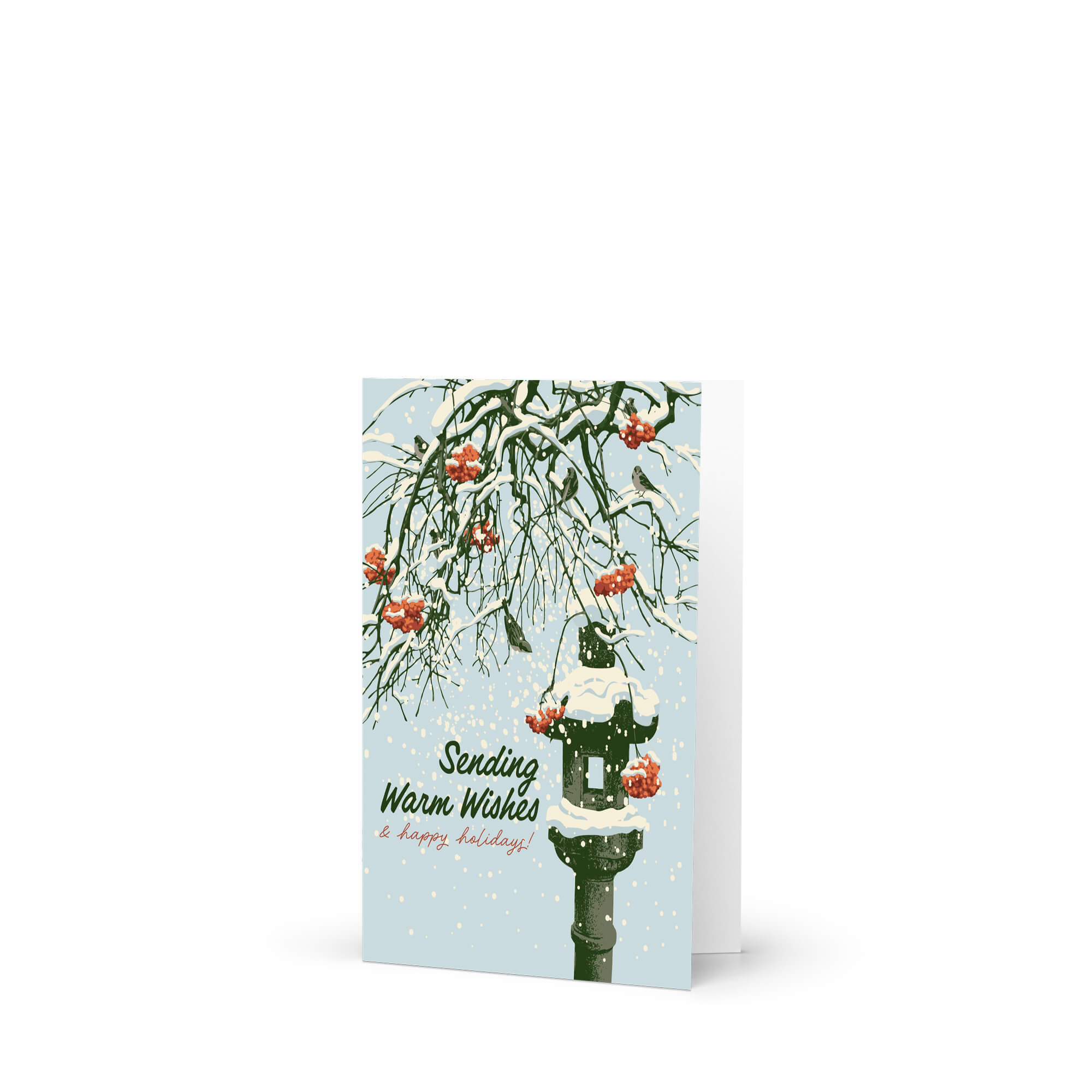 Greeting card with winter scene, snow-covered branches, Snowy ishi-dōrō stone lantern with red berries, and text 'Sending Warm Wishes & happy holidays!'.