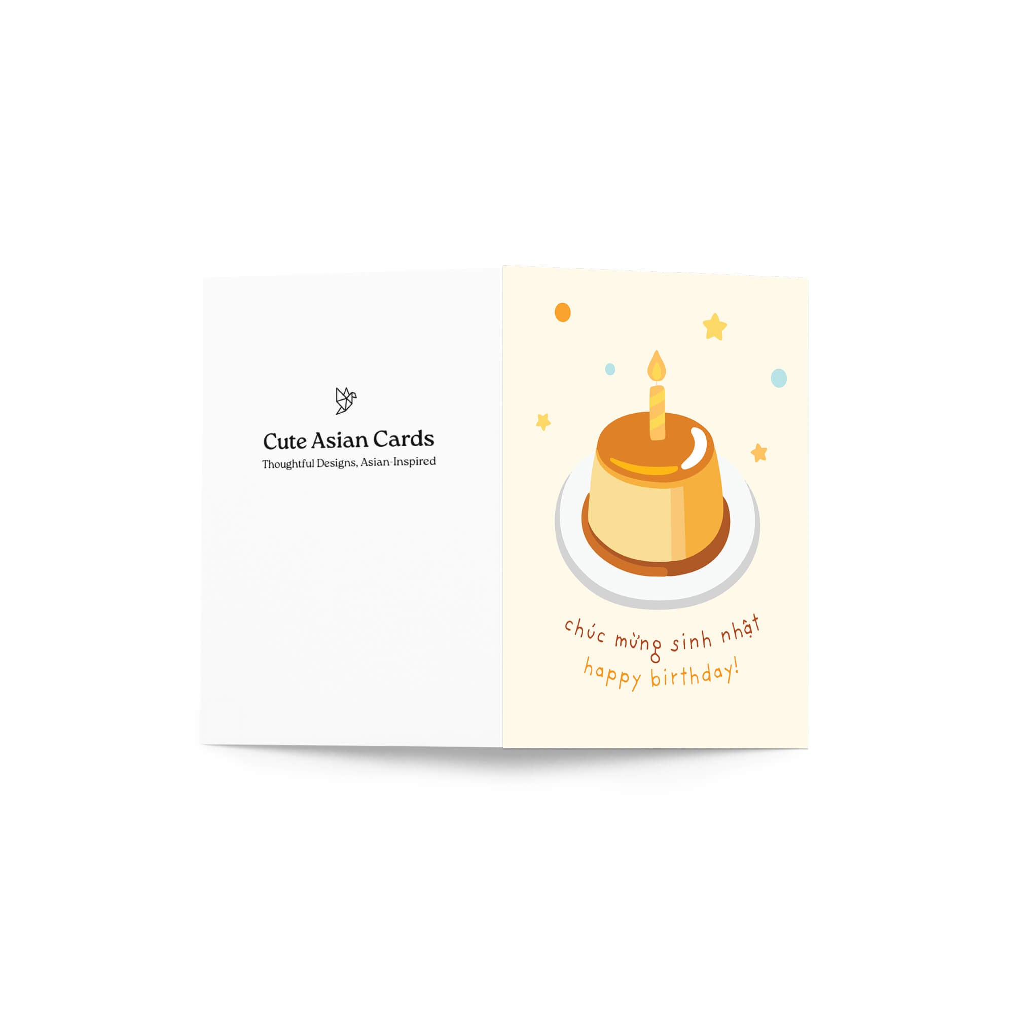 A folded Viet birthday card shown open against a white background. The left panel is white with the text 'Cute Asian Cards' and a small logo.