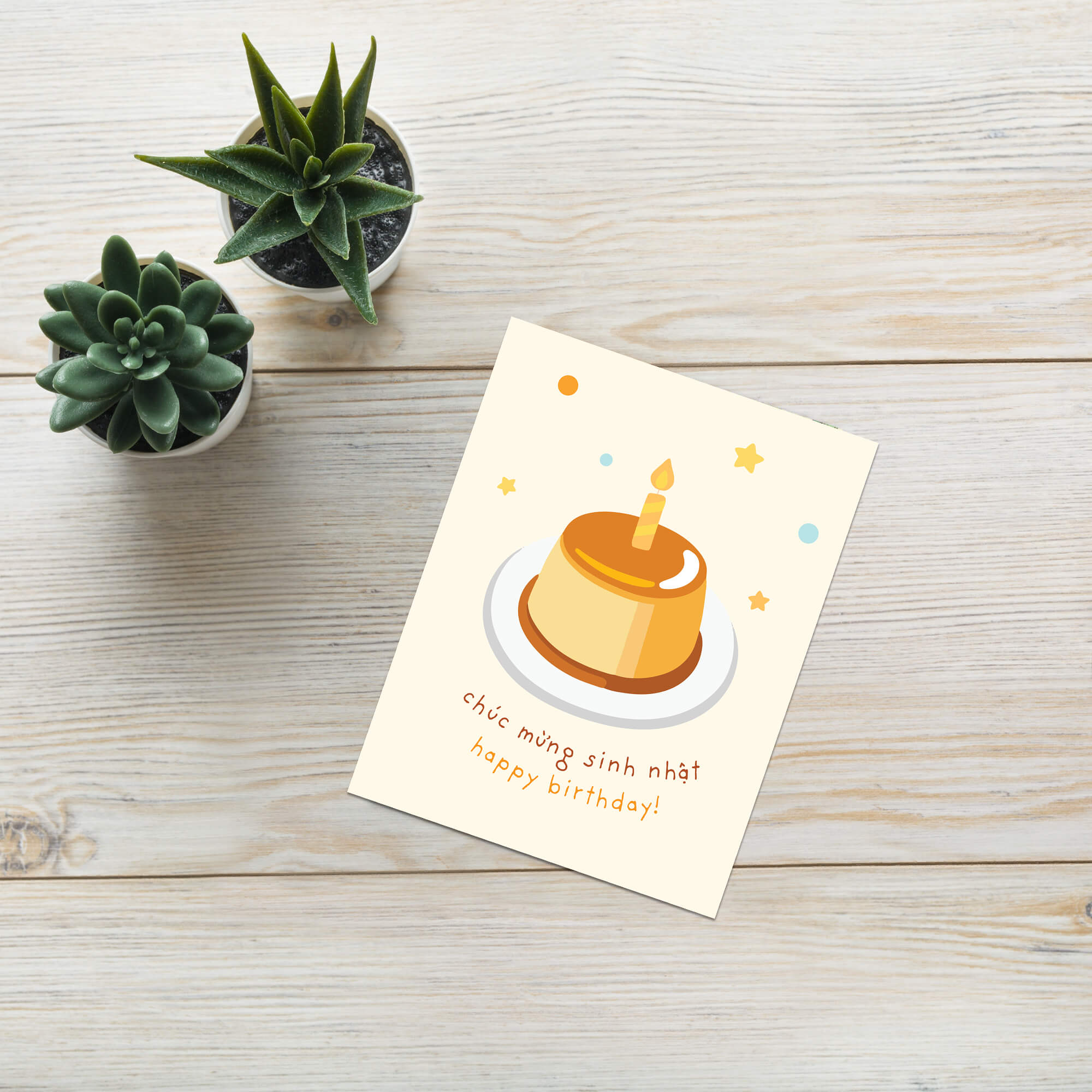 A Vietnamese birthday greeting card featuring a cute illustration of a caramel custard cake with a candle and the text 'Chúc mừng sinh nhật happy birthday!' in Vietnamese and English, styled on a light wood tabletop next to two small potted succulents.