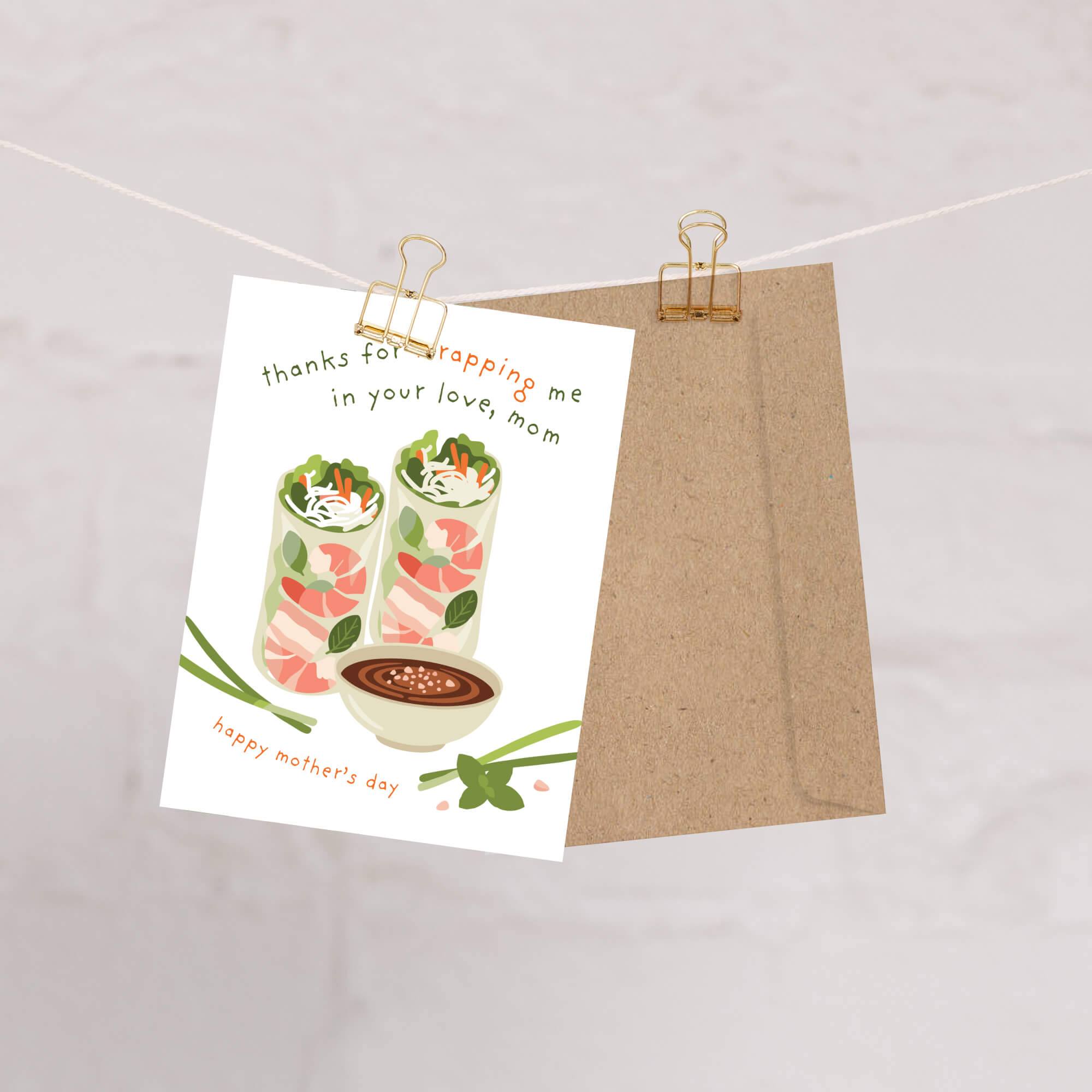 asian greeting card for happy mother's day with vietnamese summer spring rolls and funny food pun