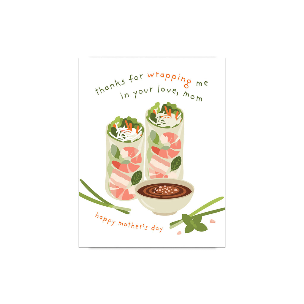 asian greeting card for happy mother's day with vietnamese summer spring rolls and funny food pun