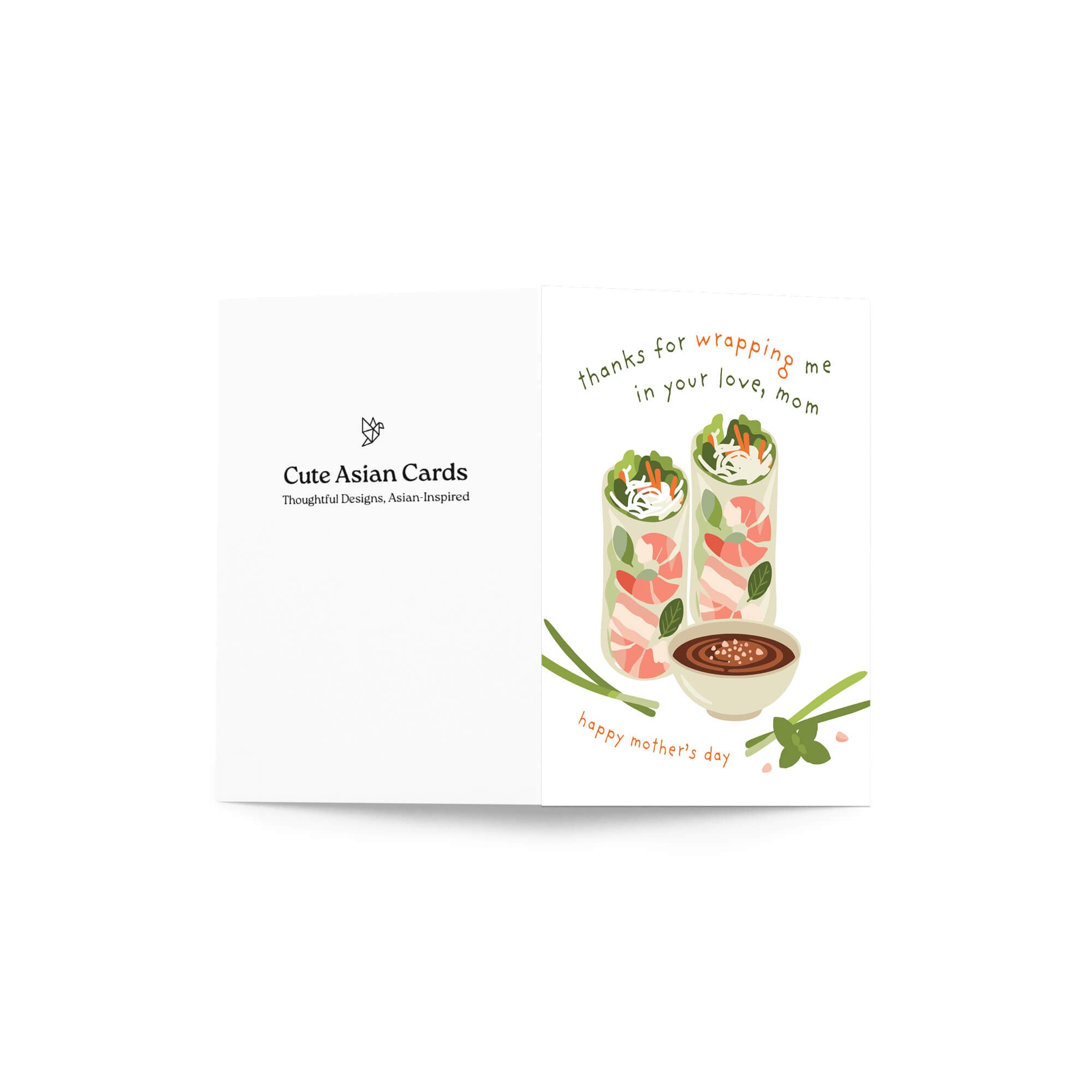 asian greeting card for happy mother's day with vietnamese summer spring rolls and funny food pun