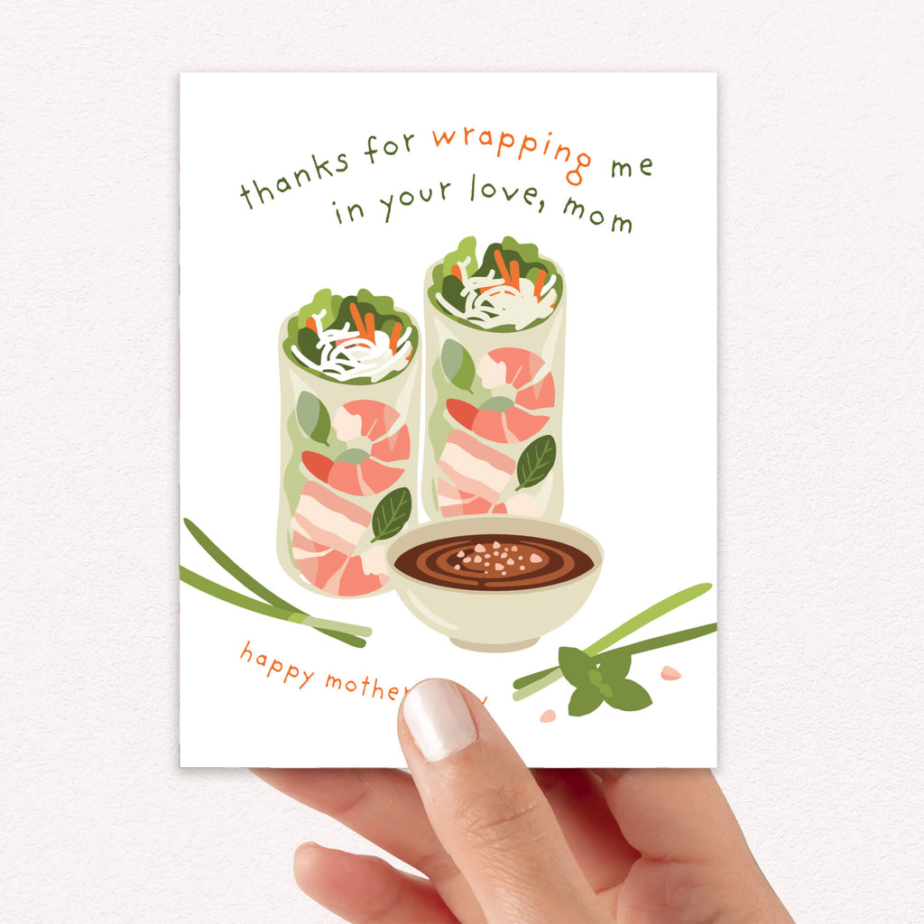 asian greeting card for happy mother's day with vietnamese summer spring rolls and funny food pun