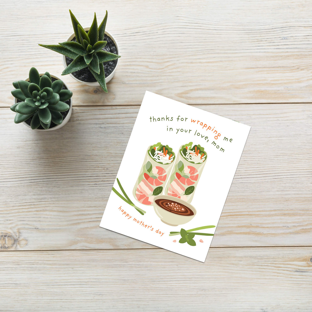 asian greeting card for happy mother's day with vietnamese summer spring rolls and funny food pun