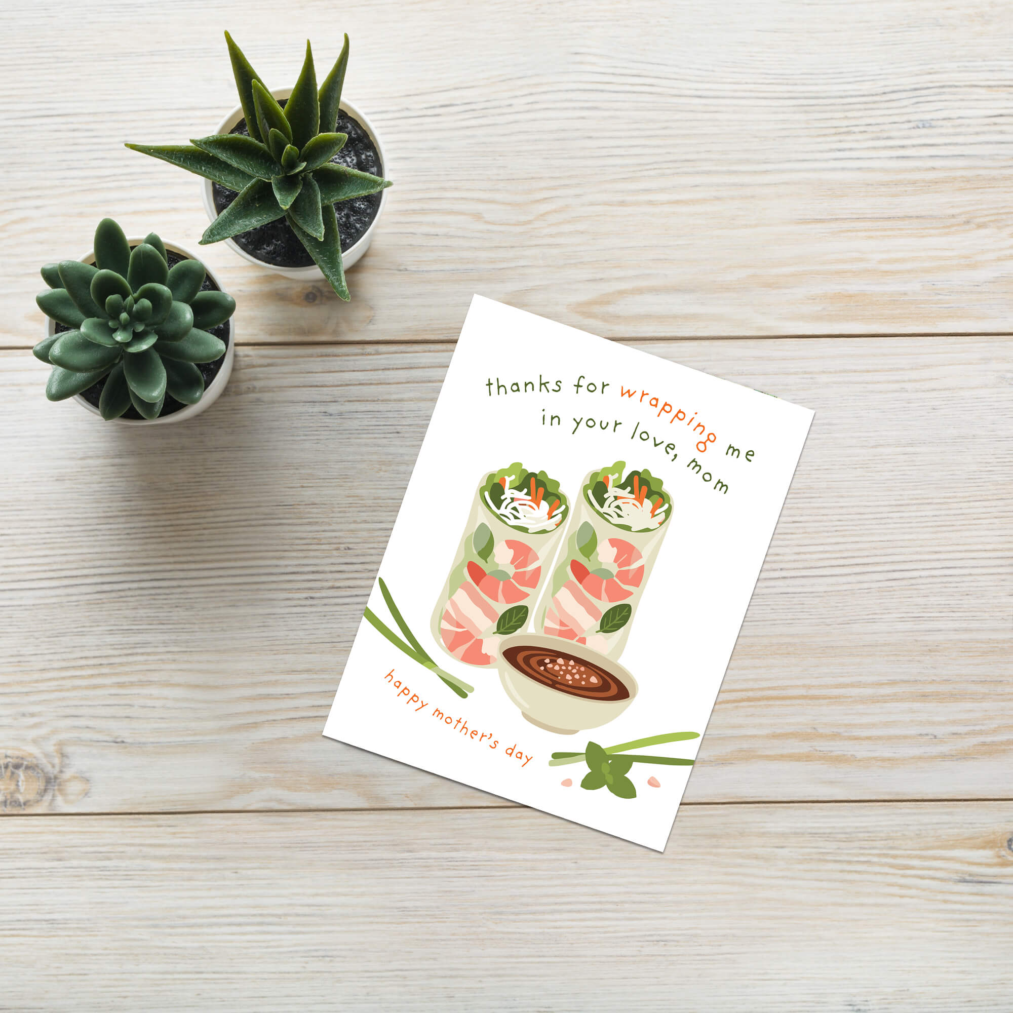 asian greeting card for happy mother's day with vietnamese summer spring rolls and funny food pun